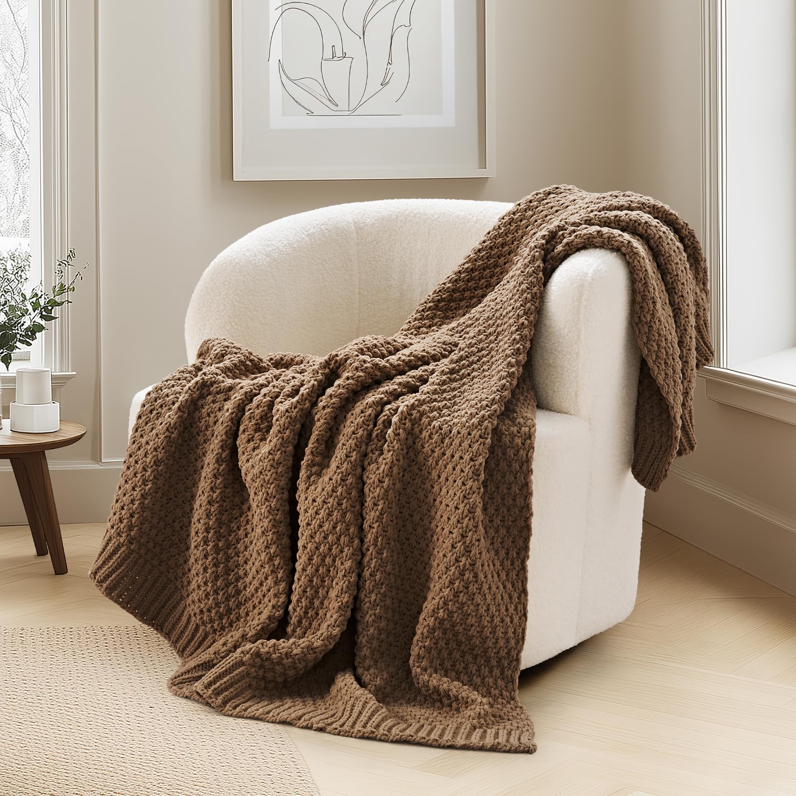 EVERGRACEHOME Modern Checkered Chenille Throw Blanket, Soft Cozy Plaid Knitted Chair Blanket for Sofa Couch, Decorative Knit Throw for Bed and Living Room, Sand Dune, 50" x 60"