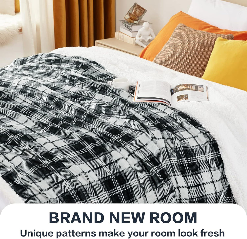 inhand Sherpa Throw Blanket Plush Grey Checkered Cozy Throw for Couch, Bed, Sofa, Reversible Twin Fluffy Fleece Blanket for Comfort Sleep and Warmth Suitable for Adults, Women, Men (Grey, 60”x 80”)