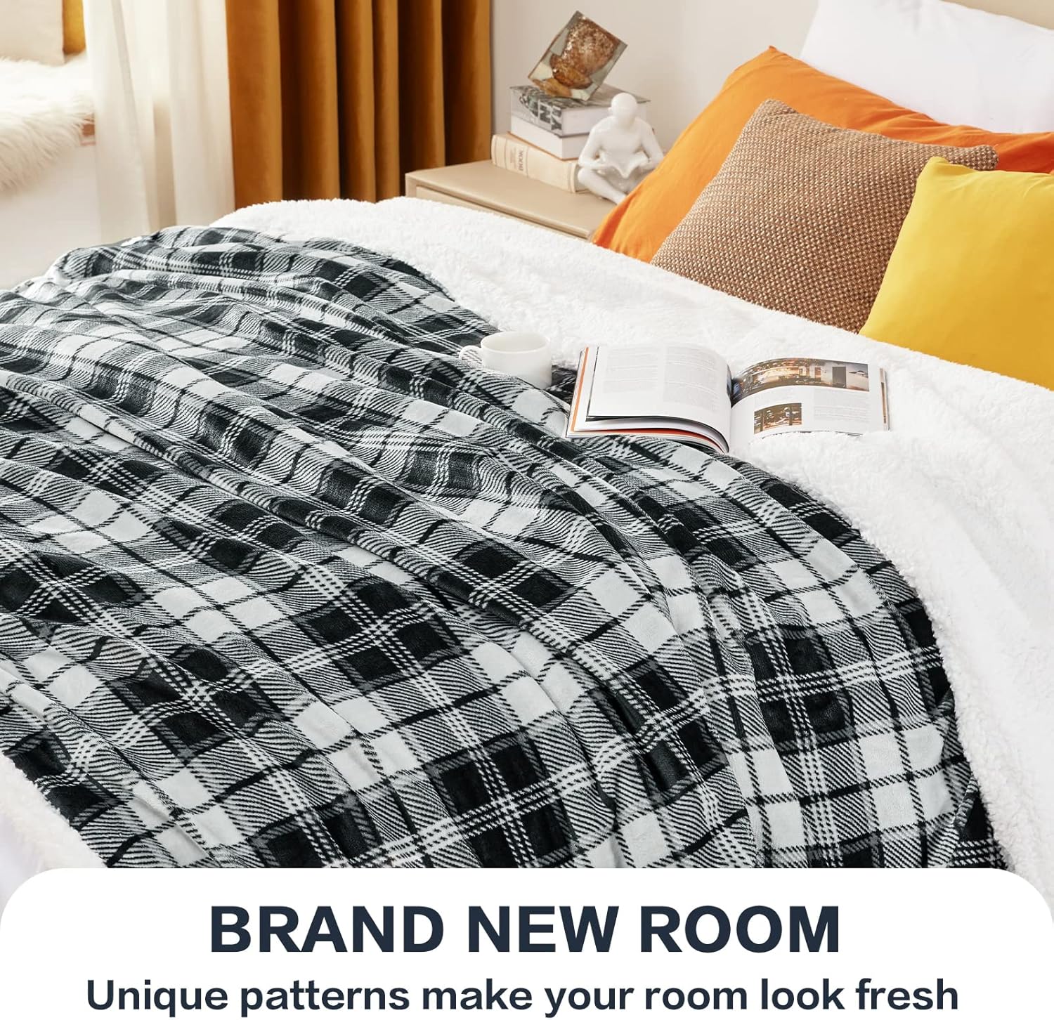 inhand Sherpa Throw Blanket Plush Grey Checkered Cozy Throw for Couch, Bed, Sofa, Reversible Twin Fluffy Fleece Blanket for Comfort Sleep and Warmth Suitable for Adults, Women, Men (Grey, 60”x 80”)