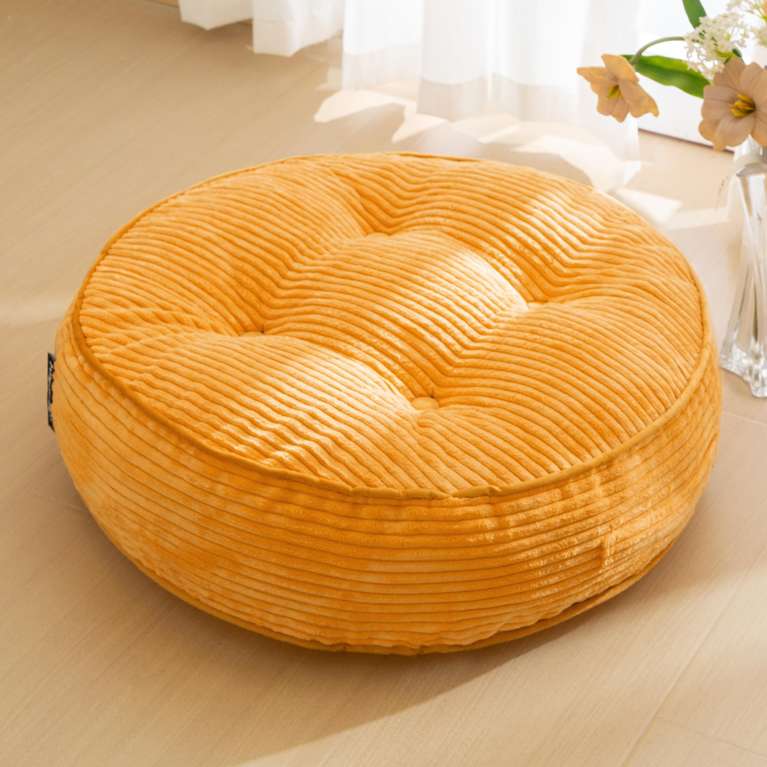 HIGOGOGO Floor Pillow Cushion for Adults, Meditation Cushion Pillow, Large Round Floor Sitting, Tufted Corduroy Cover, for Tatami Living Room or Yoga, 22x22 Inch, Beige
