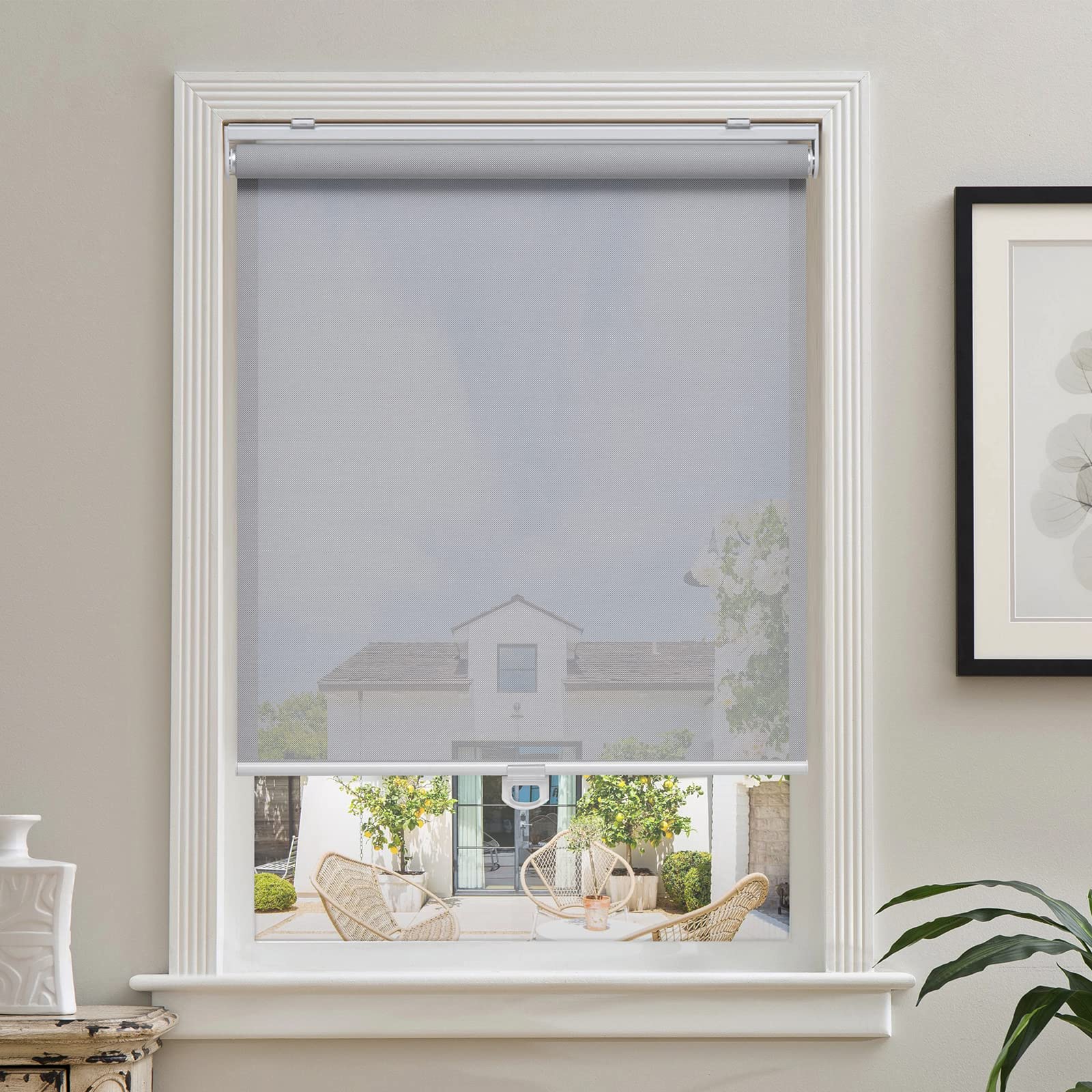 White Solar Roller Blinds 46"×72", Cordless Light Filtering Shades for Home & Office