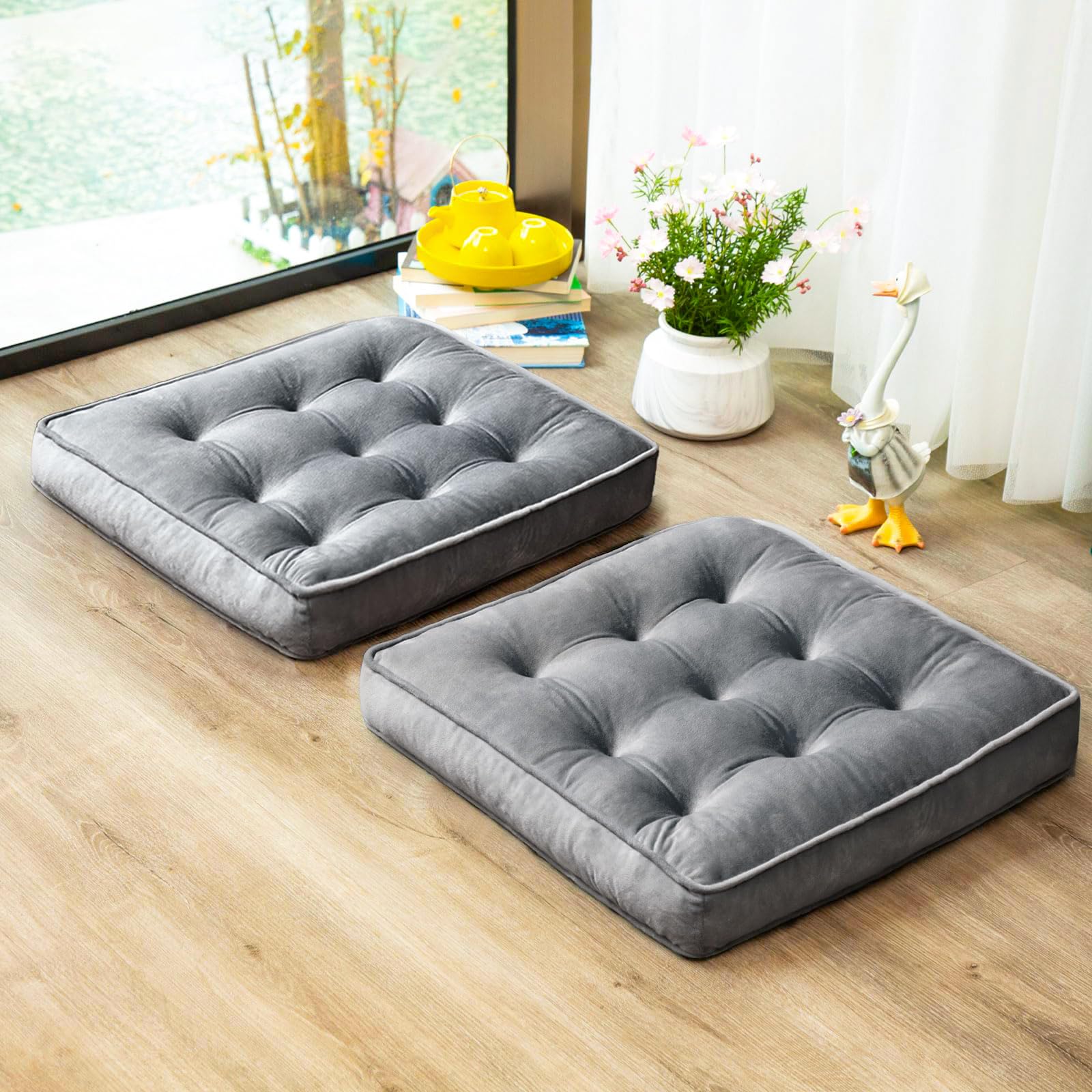 1 MIDDLE ONE Floor Pillow Set of 2, Memory Foam Meditation Cushion, Floor Cushions for Adults Sitting, Large Round Seat Cushions for Yoga, Living Room, 20x20 Inch (Round | Grey)