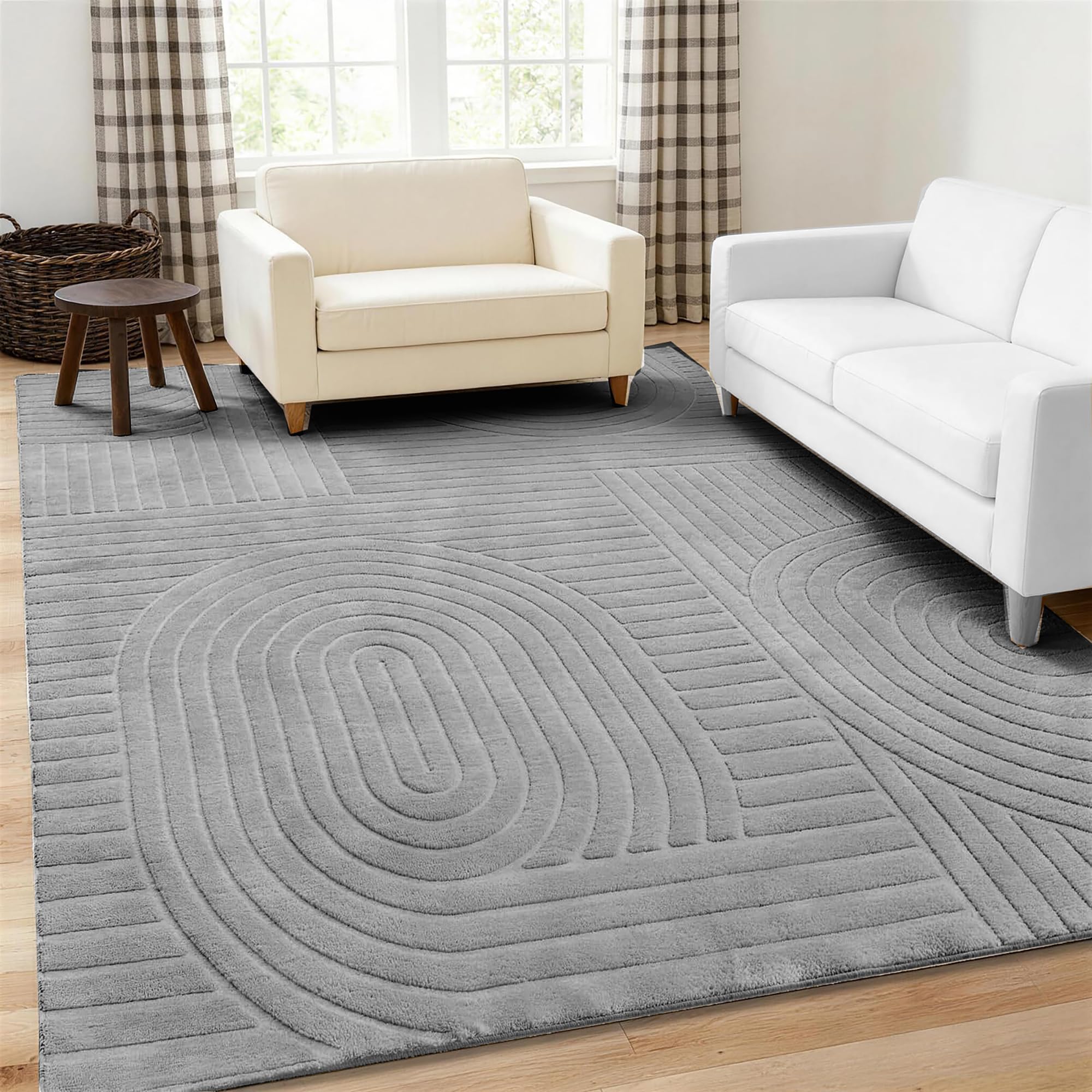 Beige Solid Area Rug 8x10 – Large Washable Soft Indoor Rugs for Living Room Bedroom, Modern Geometric Bohemian Pattern High-Low Pile Textured Carpet for House Apartment, Home Office Decor