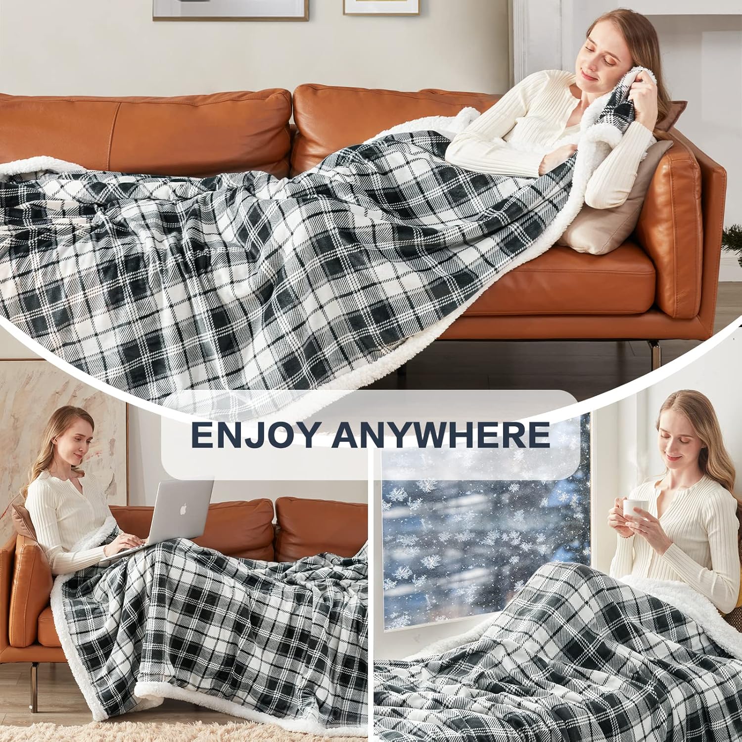 inhand Sherpa Throw Blanket Plush Grey Checkered Cozy Throw for Couch, Bed, Sofa, Reversible Twin Fluffy Fleece Blanket for Comfort Sleep and Warmth Suitable for Adults, Women, Men (Grey, 60”x 80”)