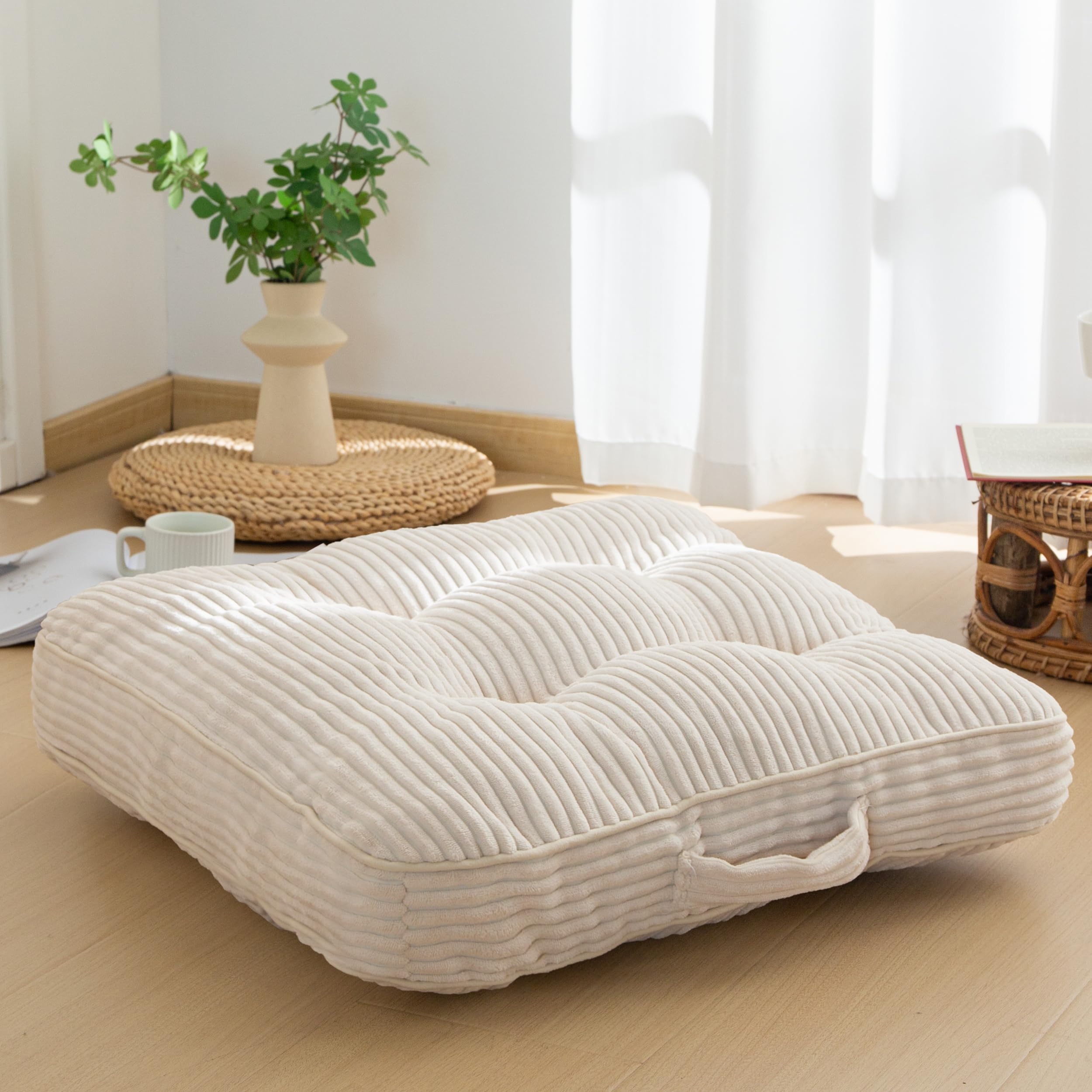 HIGOGOGO Floor Pillow Cushion for Adults, Meditation Cushion Pillow, Large Round Floor Sitting, Tufted Corduroy Cover, for Tatami Living Room or Yoga, 22x22 Inch, Beige