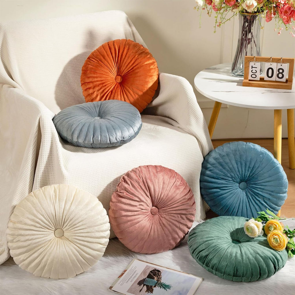 WovWeave 6 Pcs 13.8 Inch Round Velvet Floor Cushions Classroom Decorative Pleated Throw Pillows Bulk Vintage Pumpkin Seating Cushions for Home Daycare Nursery Couch Sofa Yoga Meditation(Vivid Color)