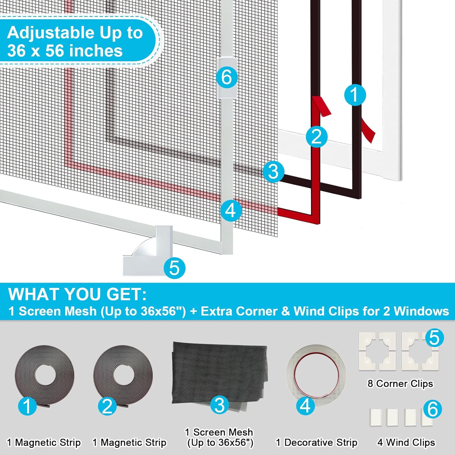 Easy-Install DIY Magnetic RV Window Screen - 1 Cut to Fit Screen Mesh (Up to 36x56") + Extra Corner & Wind Clips for 2 Windows, Heavy Duty for Camper/Travel Trailer - Keeps Bugs Out