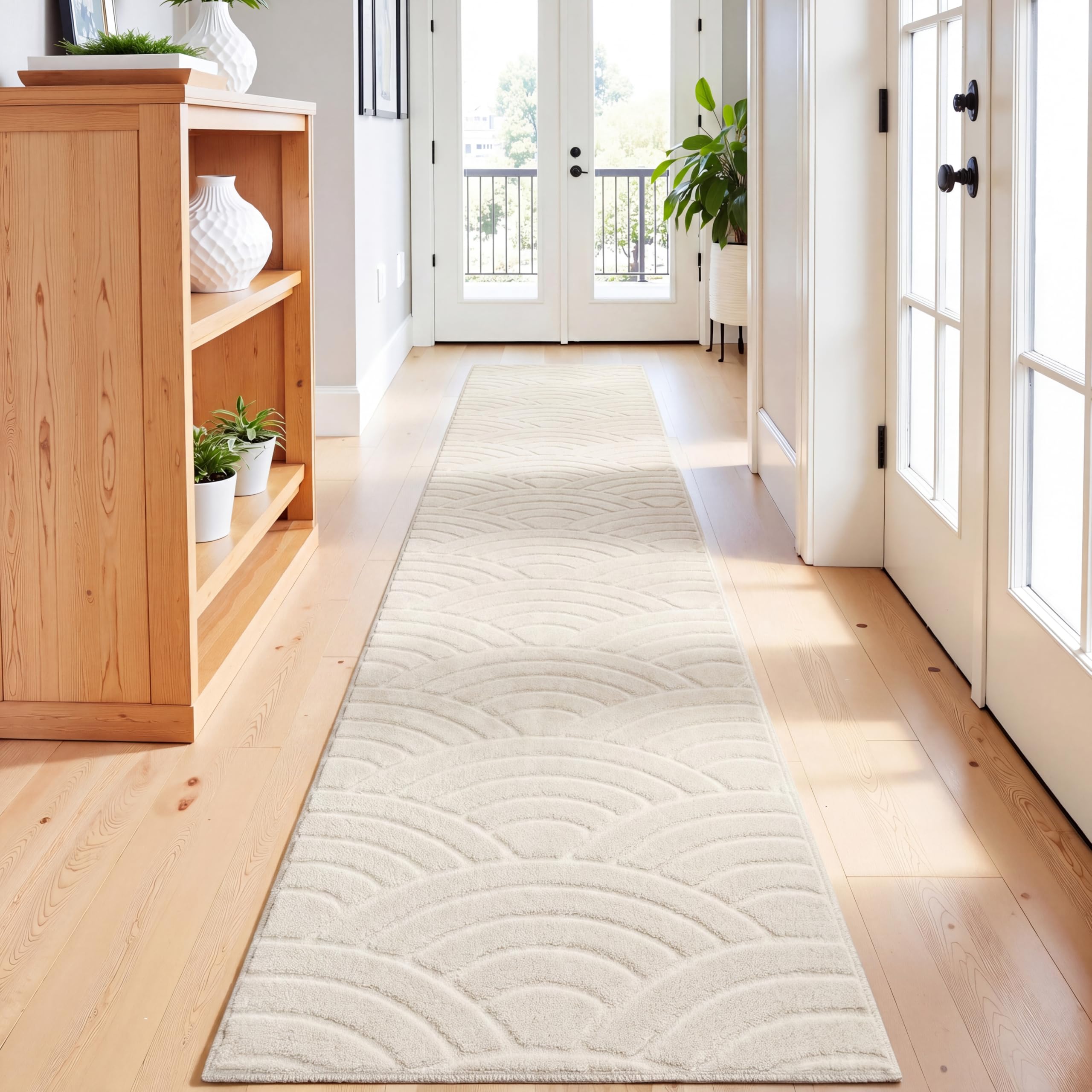 SHACOS Soft Cozy Fluffy Arch Waves Pattern High-Low Textured Area Rug 5'x7' Non Slip Washable Minimalist Modern Graphic Rainbow Carpet for Living Room Bedroom Bathroom Dining Room, Cream
