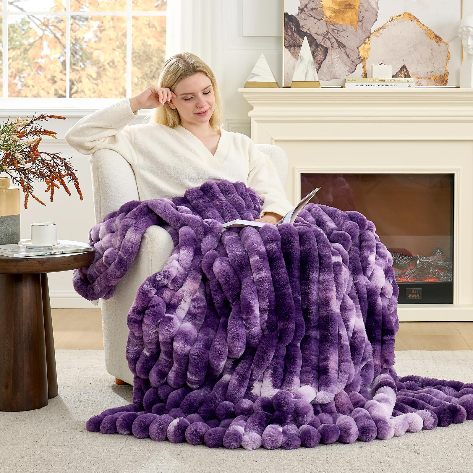 Cozy Bliss Faux Fur Throw Blanket for Couch, Cozy Warm Plush Striped Blanket for Sofa Bedroom Living Room, 60 * 80 Inches Cream White