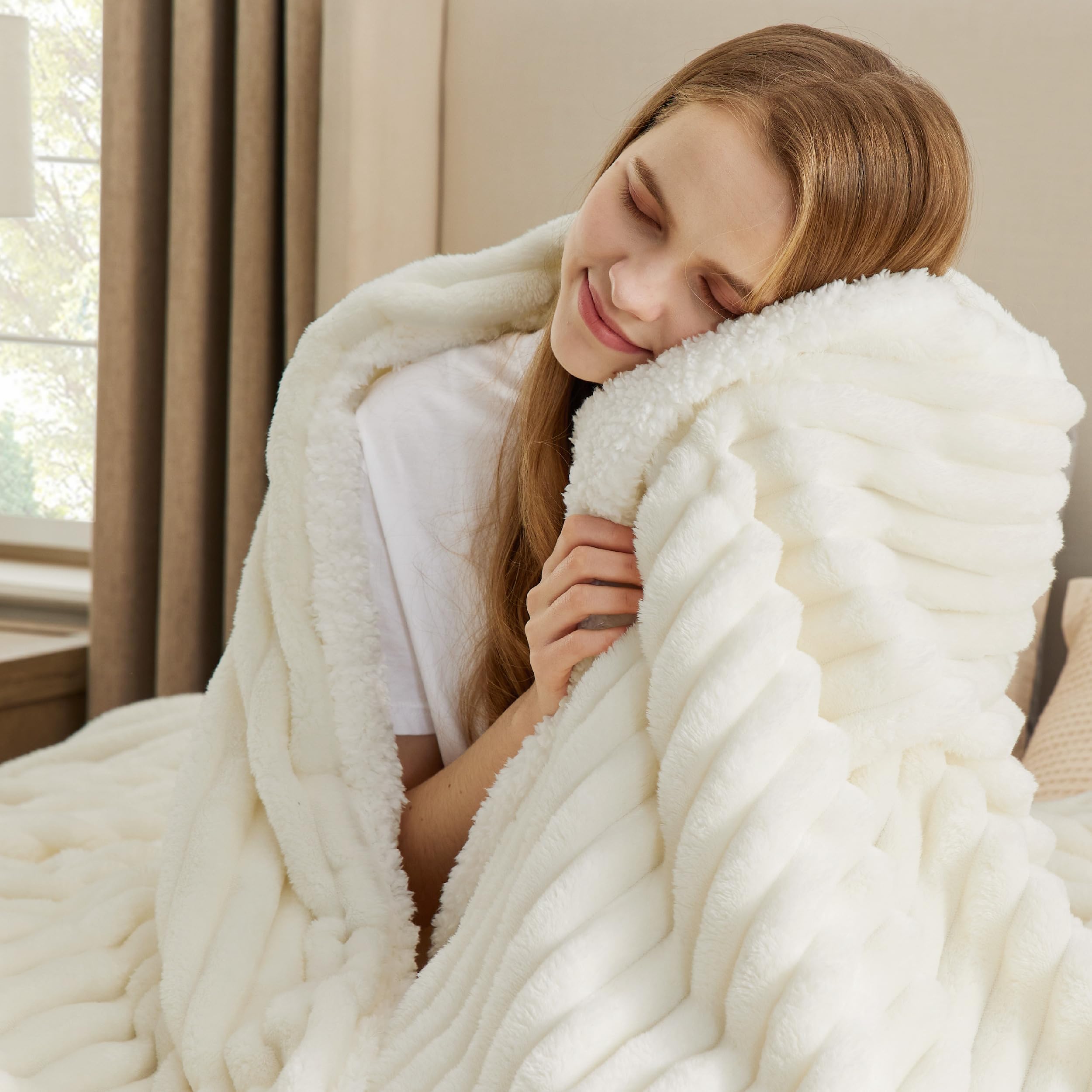 Beige Sherpa Fleece Blanket 50×60", Warm Fluffy Throw for Home Decor & Gift