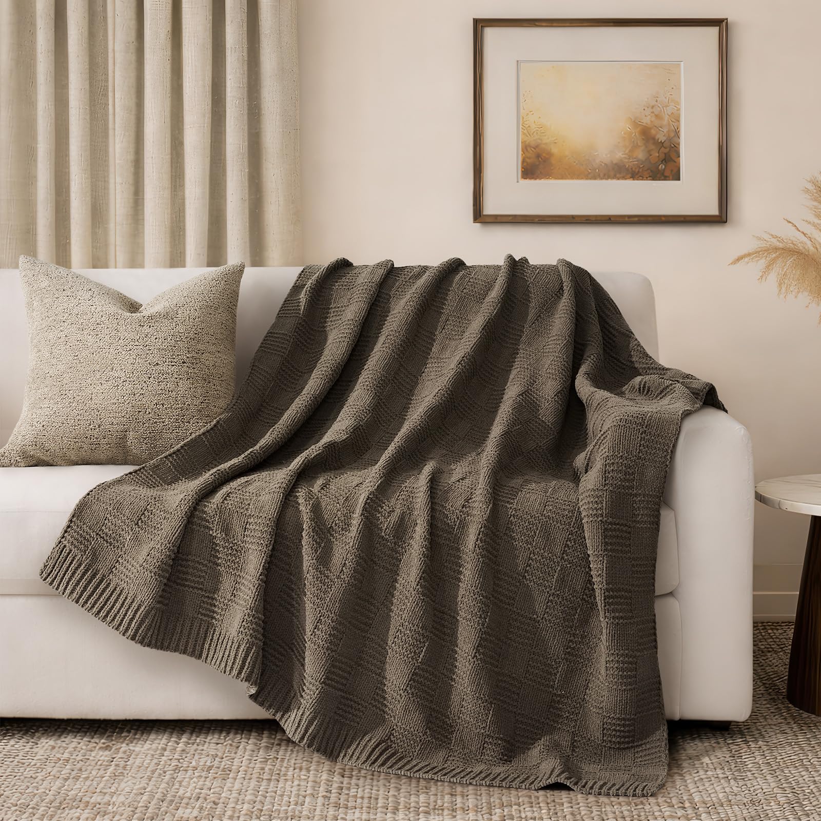 EVERGRACEHOME Modern Checkered Chenille Throw Blanket, Soft Cozy Plaid Knitted Chair Blanket for Sofa Couch, Decorative Knit Throw for Bed and Living Room, Sand Dune, 50" x 60"