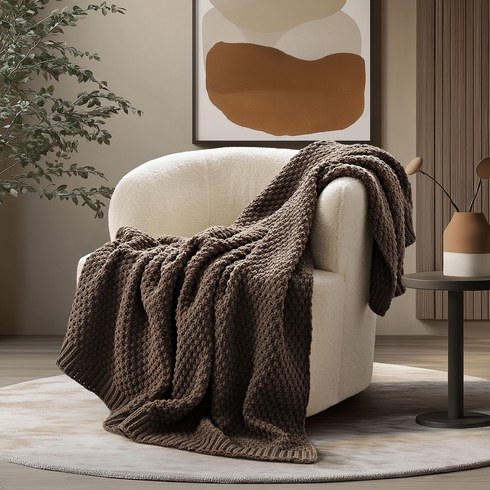 EVERGRACEHOME Modern Checkered Chenille Throw Blanket, Soft Cozy Plaid Knitted Chair Blanket for Sofa Couch, Decorative Knit Throw for Bed and Living Room, Sand Dune, 50" x 60"