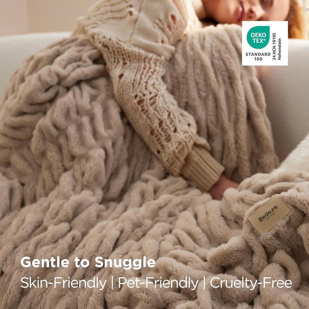 Bedsure Gentlesoft Fluffy Cozy Faux Fur Throw Blanket for Couch, Soft Fuzzy Plush Furry Blanket, Double-Sided Faux Rabbit Fur Thick Warm Chair Throws, Luxury Gifts for Women, 50" X 60", Light Brown