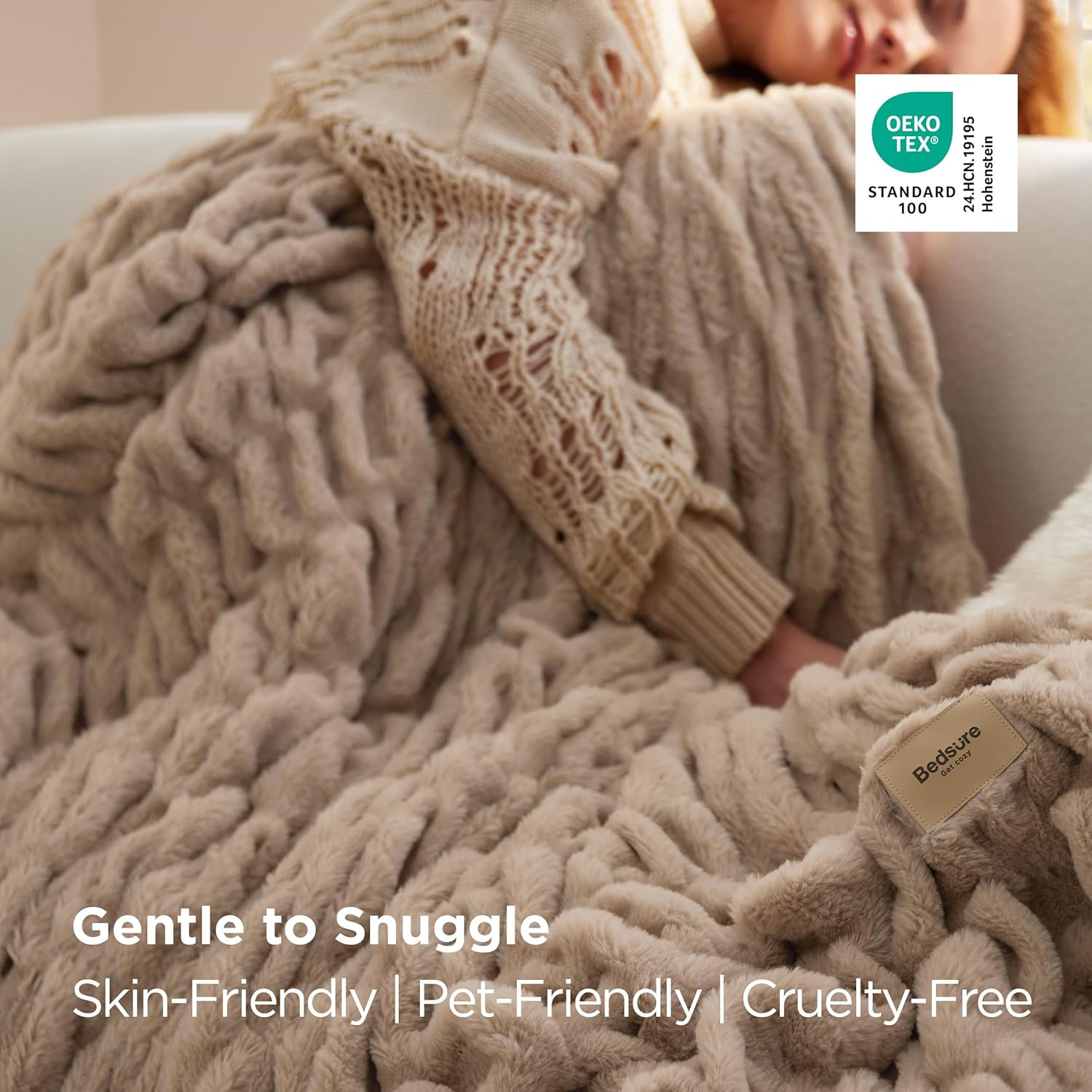 Bedsure Gentlesoft Fluffy Cozy Faux Fur Throw Blanket for Couch, Soft Fuzzy Plush Furry Blanket, Double-Sided Faux Rabbit Fur Thick Warm Chair Throws, Luxury Gifts for Women, 50" X 60", Light Brown