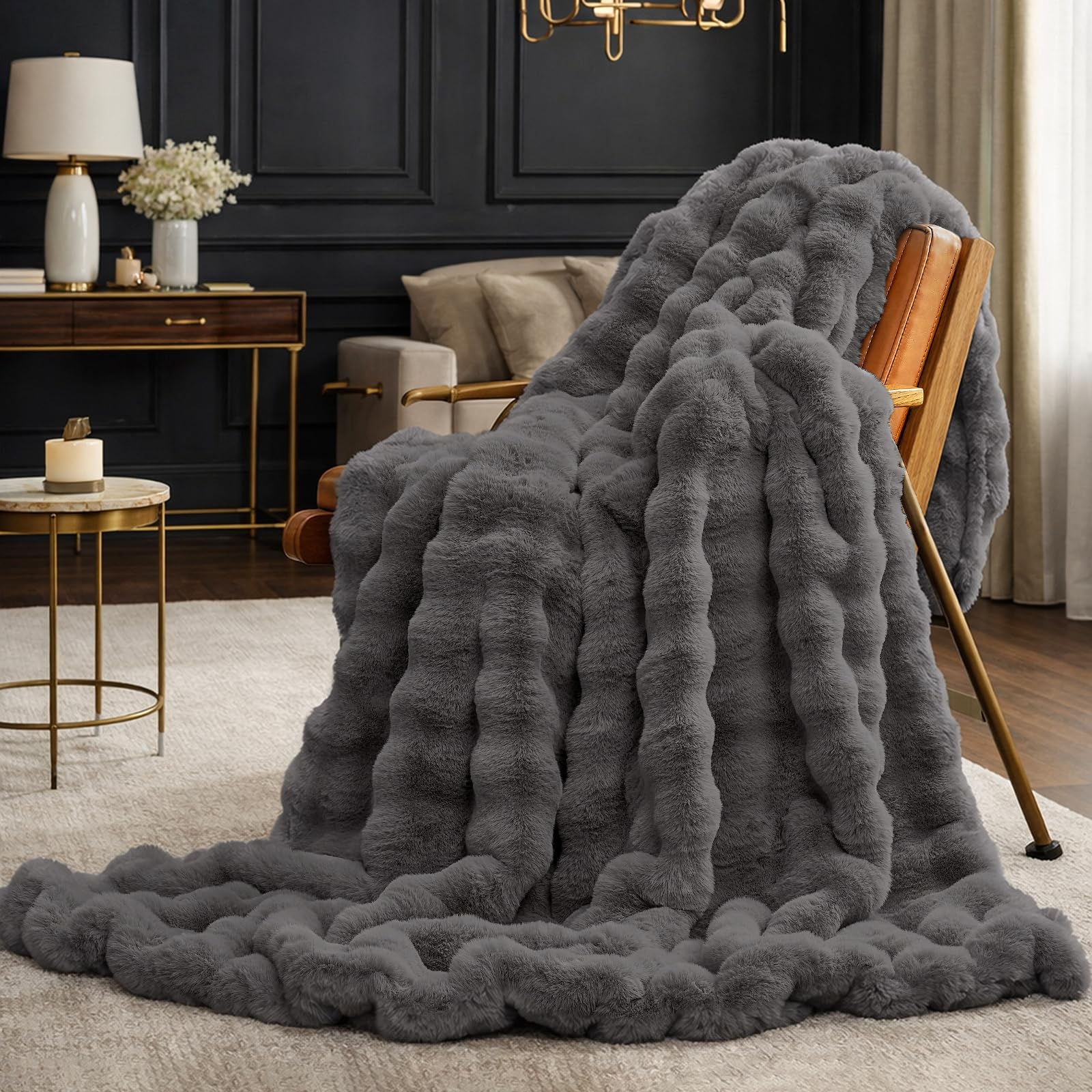 Cozy Bliss Faux Fur Throw Blanket for Couch, Fuzzy Soft Plush Thick Bubble Blanket for Sofa Bedroom Living Room,50 * 60 Inches Light Grey