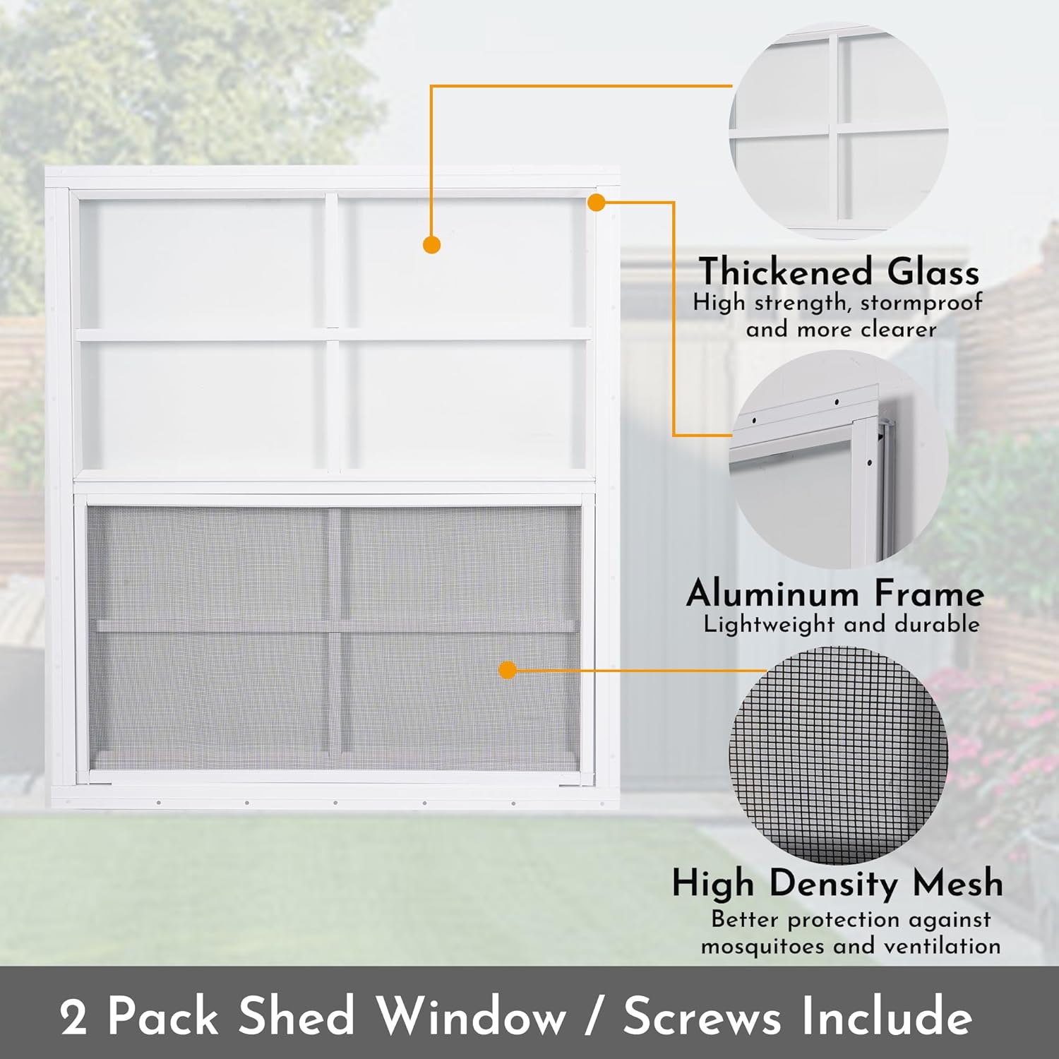 2 Pack Shed Windows, 24'' x 27'' Household Windows with Tempered Glass and Fiberglass Screen for Shed, Flush Mount Sliding Window for Chicken Coop, Playhouse, Garage, White