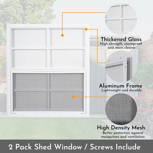 2 Pack Shed Windows, 24'' x 27'' Household Windows with Tempered Glass and Fiberglass Screen for Shed, Flush Mount Sliding Window for Chicken Coop, Playhouse, Garage, White