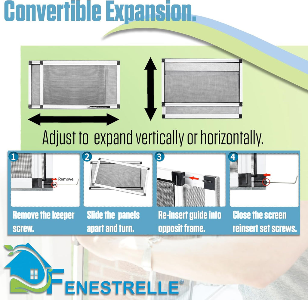 Fenestrelle Expandable Window Screen – 20″ H × 28″–54″ W Horizontal, 2‑Way Adjustable Window Screen with Flame Resistant Fiberglass Mesh, Pack of 2