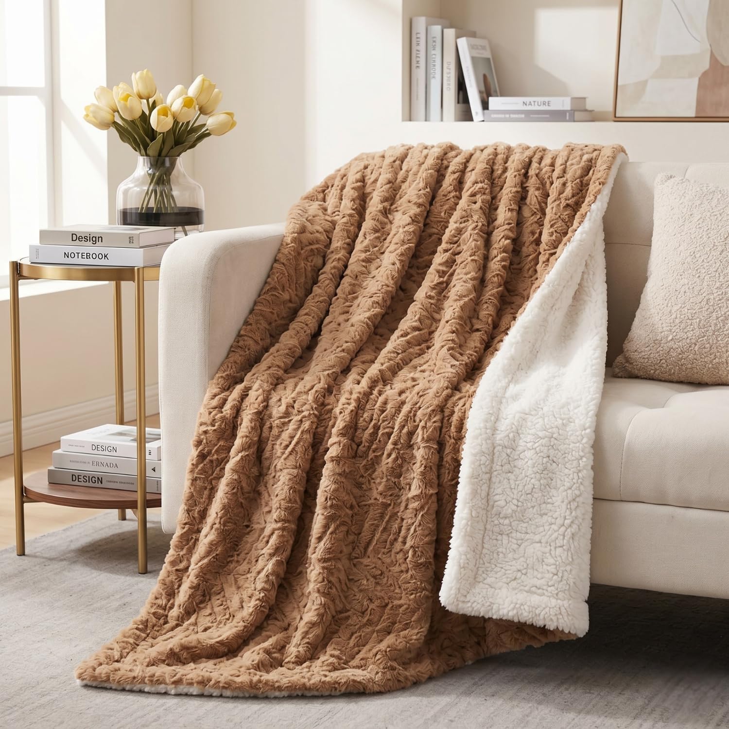 DaDa Bedding Luxury White Faux Fur Throw Blanket - Dreamy Milky Way Cloud Purple Undertone Embossed Sherpa Backside - Super Soft Warm Cozy Plush Fluffy - 50" x 60"