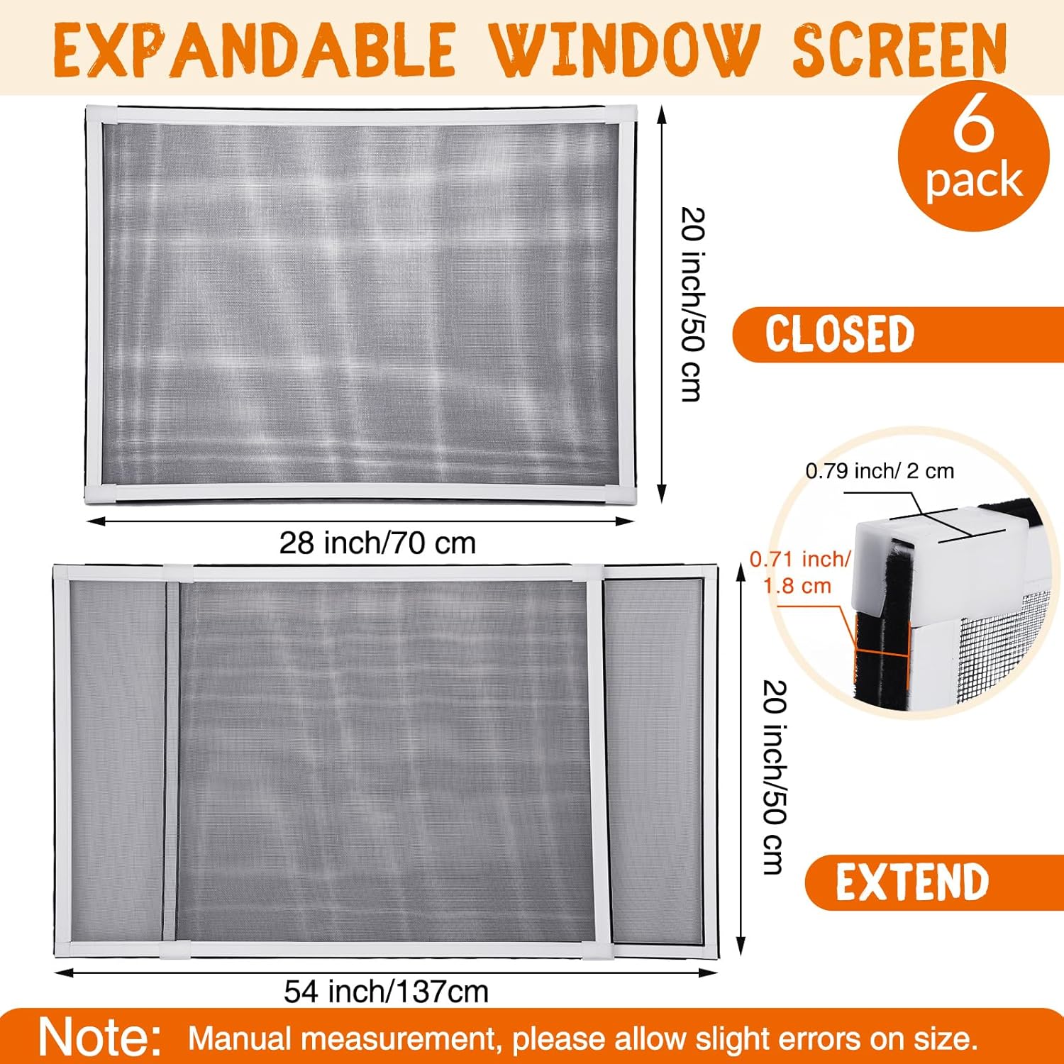 Treela 6 Pack Adjustable Expandable Window Screens, 20" H x 28"-54" W, Large Horizontal Sliding Window Mesh Inserts, Mosquito and Pet Proof Retractable Screen Replacements for Home