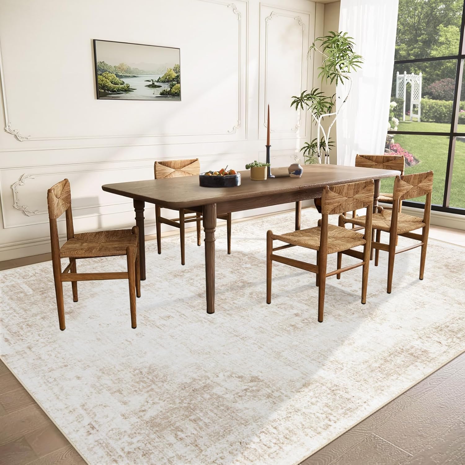 Beige 8x10ft Washable Boho Rug, Non-Slip Low Pile Carpet for Home & Office
