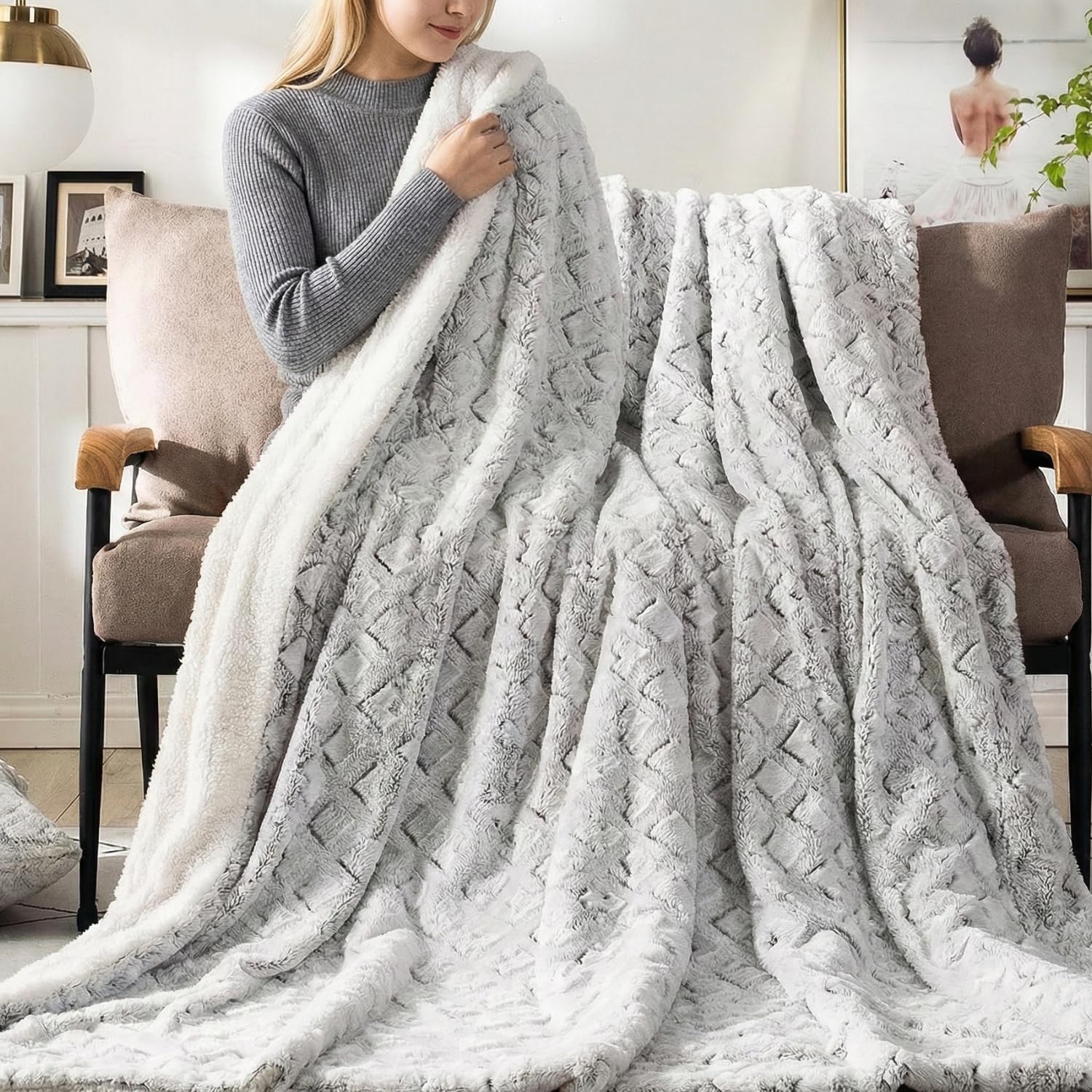 DaDa Bedding Luxury White Faux Fur Throw Blanket - Dreamy Milky Way Cloud Purple Undertone Embossed Sherpa Backside - Super Soft Warm Cozy Plush Fluffy - 50" x 60"