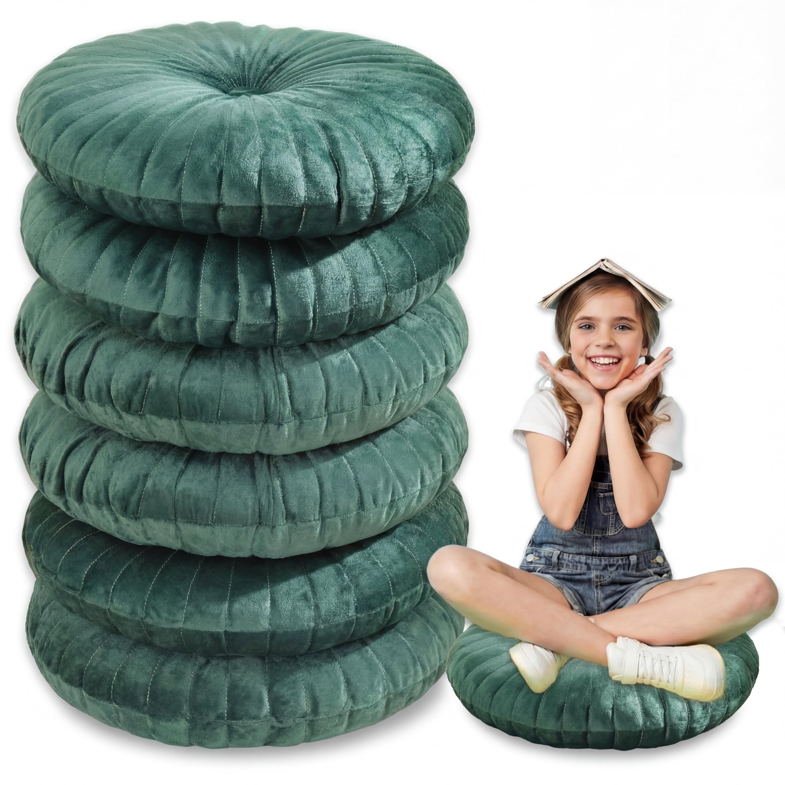 WovWeave 6 Pcs 13.8 Inch Round Velvet Floor Cushions Classroom Decorative Pleated Throw Pillows Bulk Vintage Pumpkin Seating Cushions for Home Daycare Nursery Couch Sofa Yoga Meditation(Vivid Color)