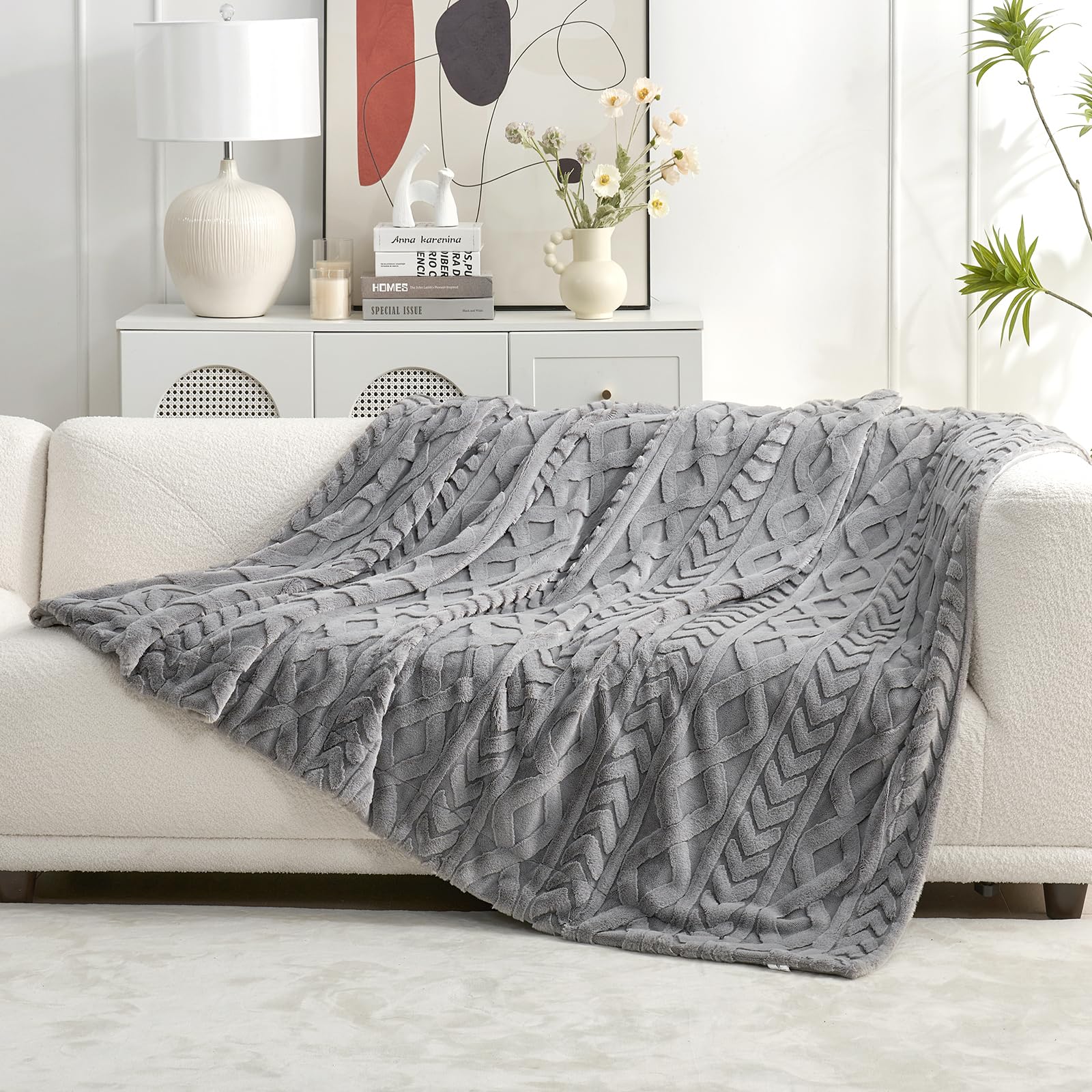 Cozy Bliss Deluxe Sheared Rabbit Faux Fur Throw Blanket, Soft Fuzzy High-Low Sculpted Plush Blanket for Couch, Cozy Home Accent, All Season Use, Beige 50"x60"