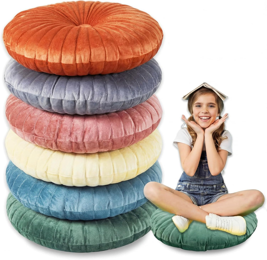 WovWeave 6 Pcs 13.8 Inch Round Velvet Floor Cushions Classroom Decorative Pleated Throw Pillows Bulk Vintage Pumpkin Seating Cushions for Home Daycare Nursery Couch Sofa Yoga Meditation(Vivid Color)