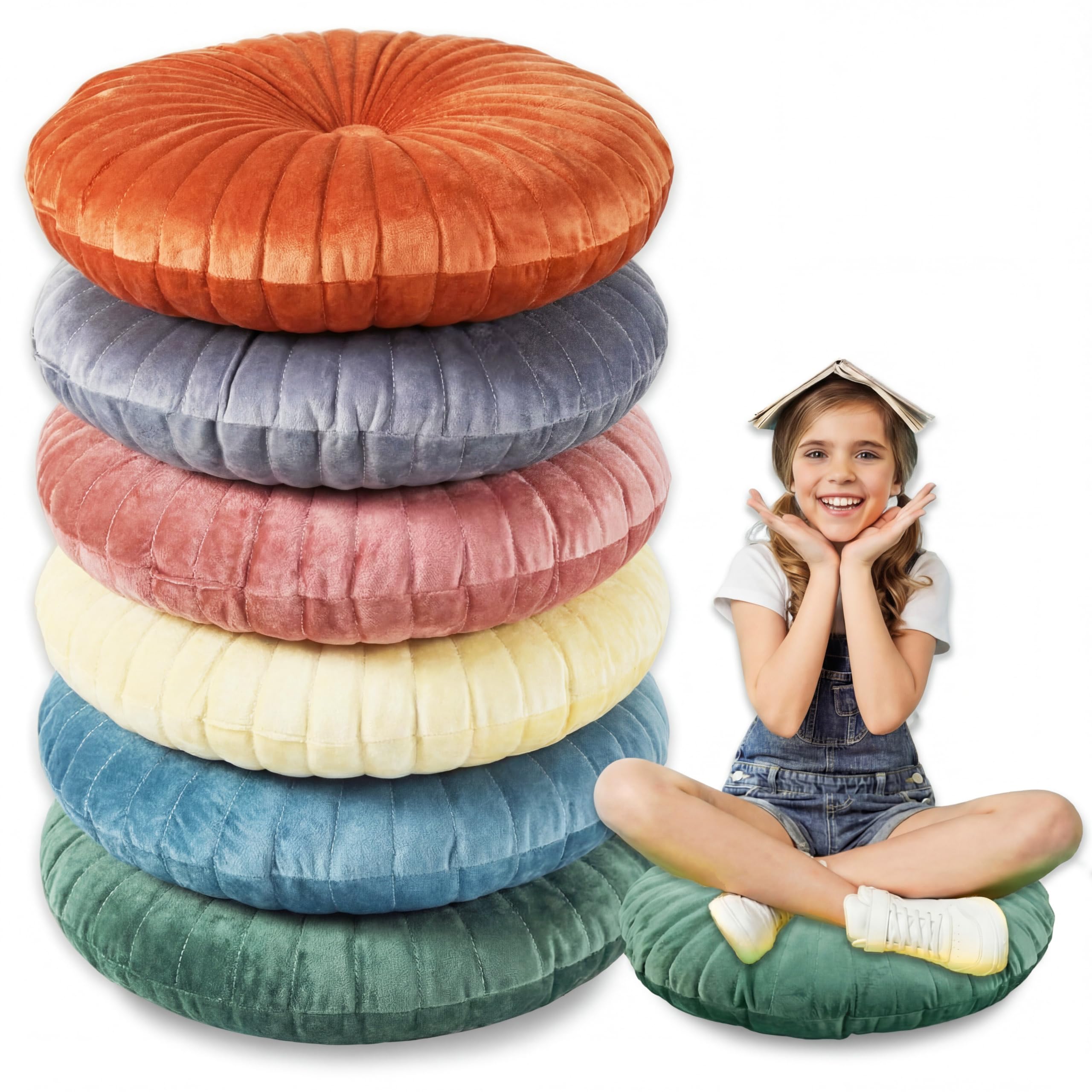 WovWeave 6 Pcs 13.8 Inch Round Velvet Floor Cushions Classroom Decorative Pleated Throw Pillows Bulk Vintage Pumpkin Seating Cushions for Home Daycare Nursery Couch Sofa Yoga Meditation(Vivid Color)