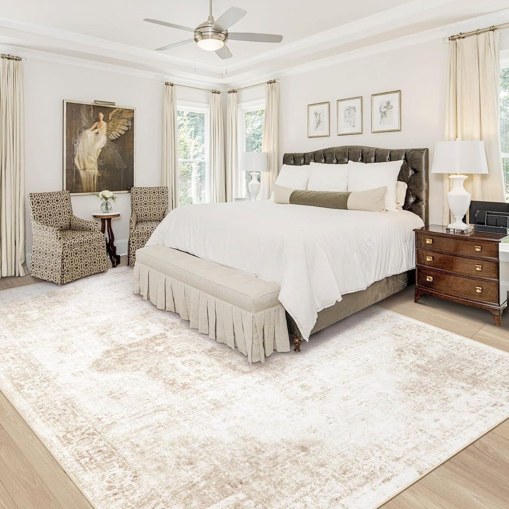 Beige 8x10ft Washable Boho Rug, Non-Slip Low Pile Carpet for Home & Office