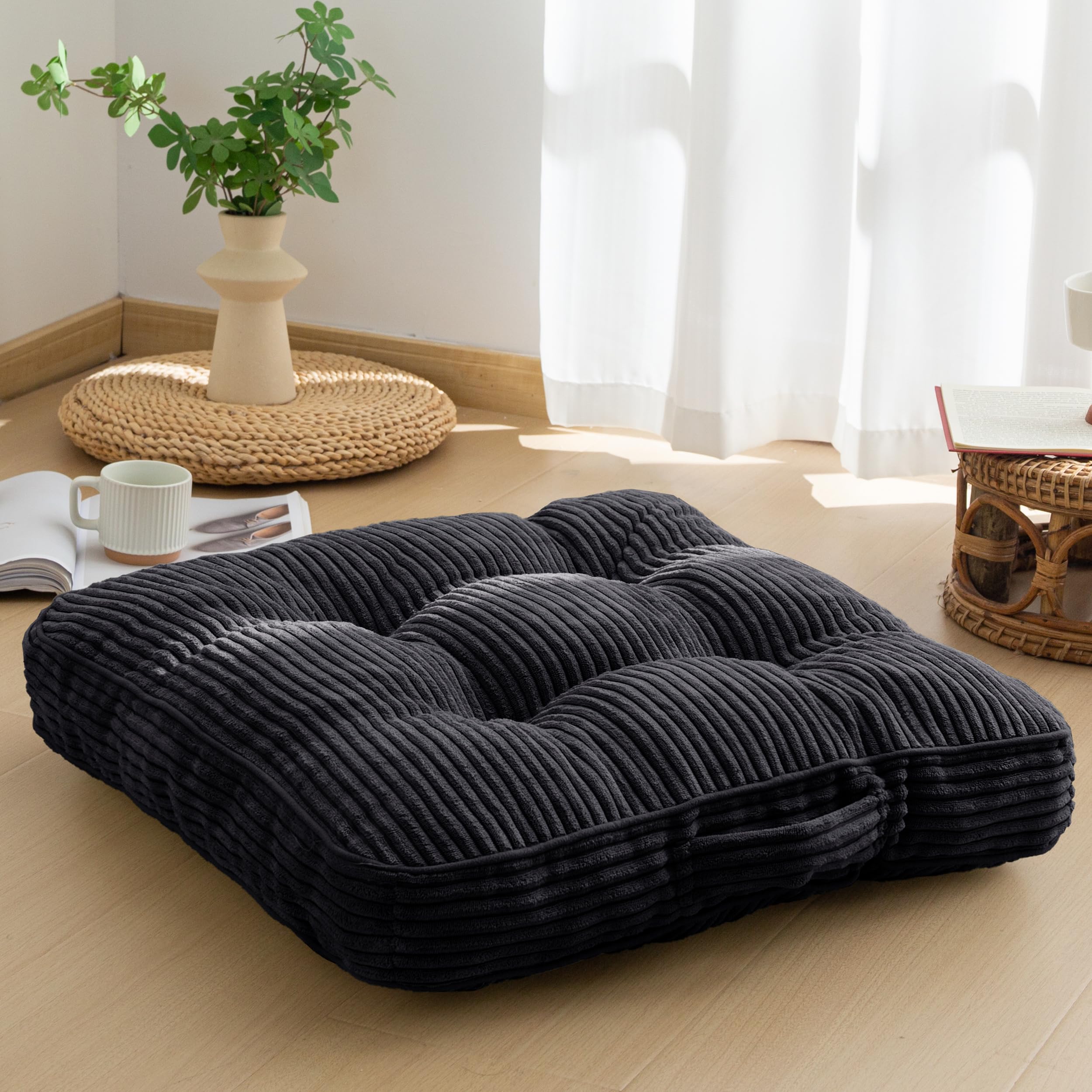HIGOGOGO Floor Pillow Cushion for Adults, Meditation Cushion Pillow, Large Round Floor Sitting, Tufted Corduroy Cover, for Tatami Living Room or Yoga, 22x22 Inch, Beige