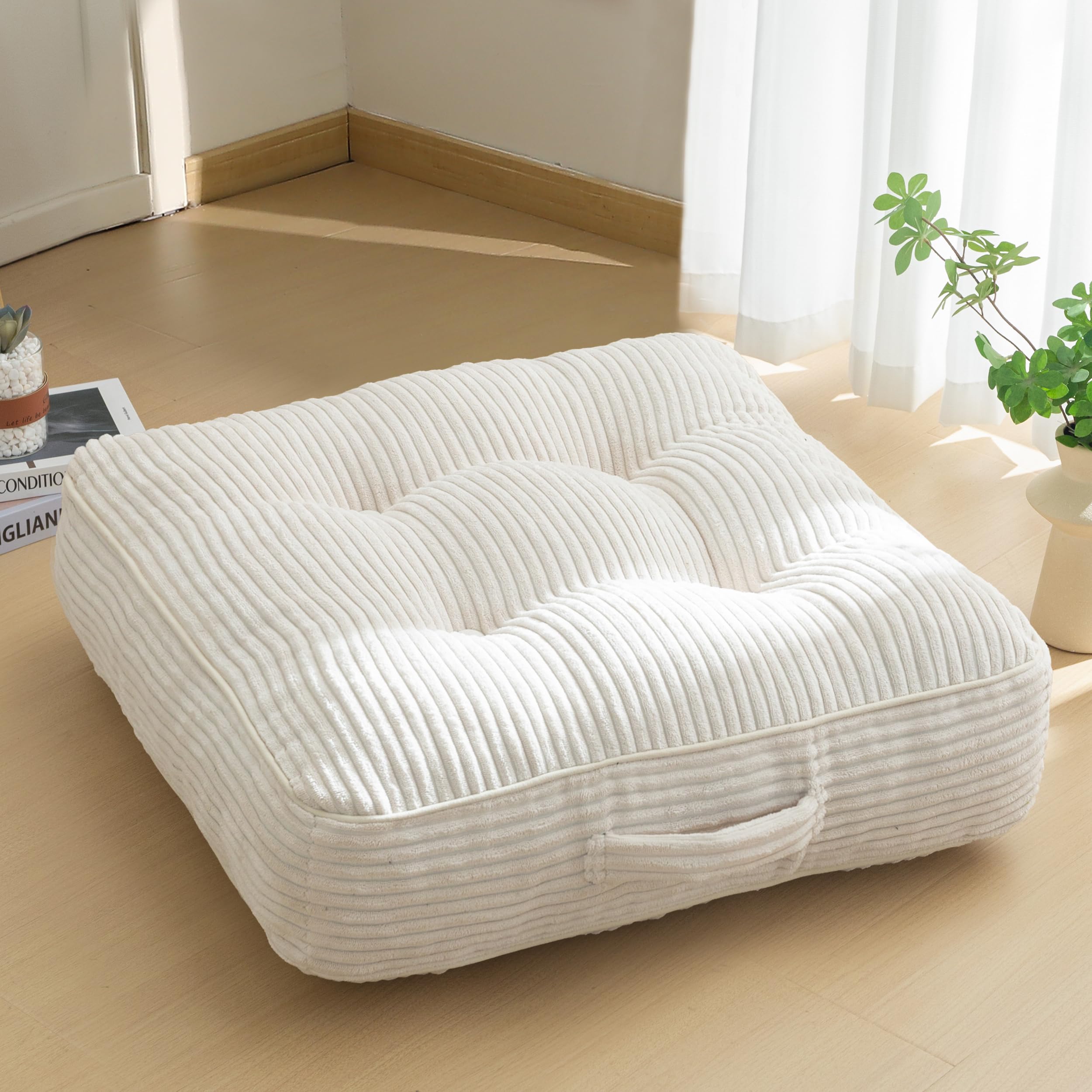 HIGOGOGO Floor Pillow Cushion for Adults, Meditation Cushion Pillow, Large Round Floor Sitting, Tufted Corduroy Cover, for Tatami Living Room or Yoga, 22x22 Inch, Beige