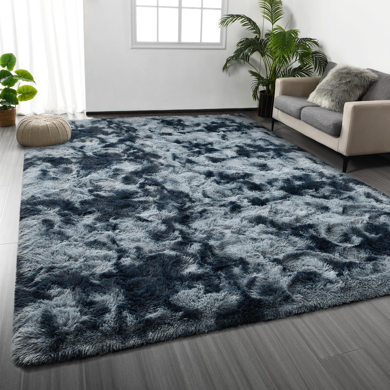 Deerhoo Large Shag Area Rugs 6 x 9, Tie-Dyed Plush Fuzzy Rug for Living Room, Ultra Soft Fluffy Furry Rugs for Bedroom, Indoor Carpet Nursery Rugs for Kids Room Home Decor, Light Grey