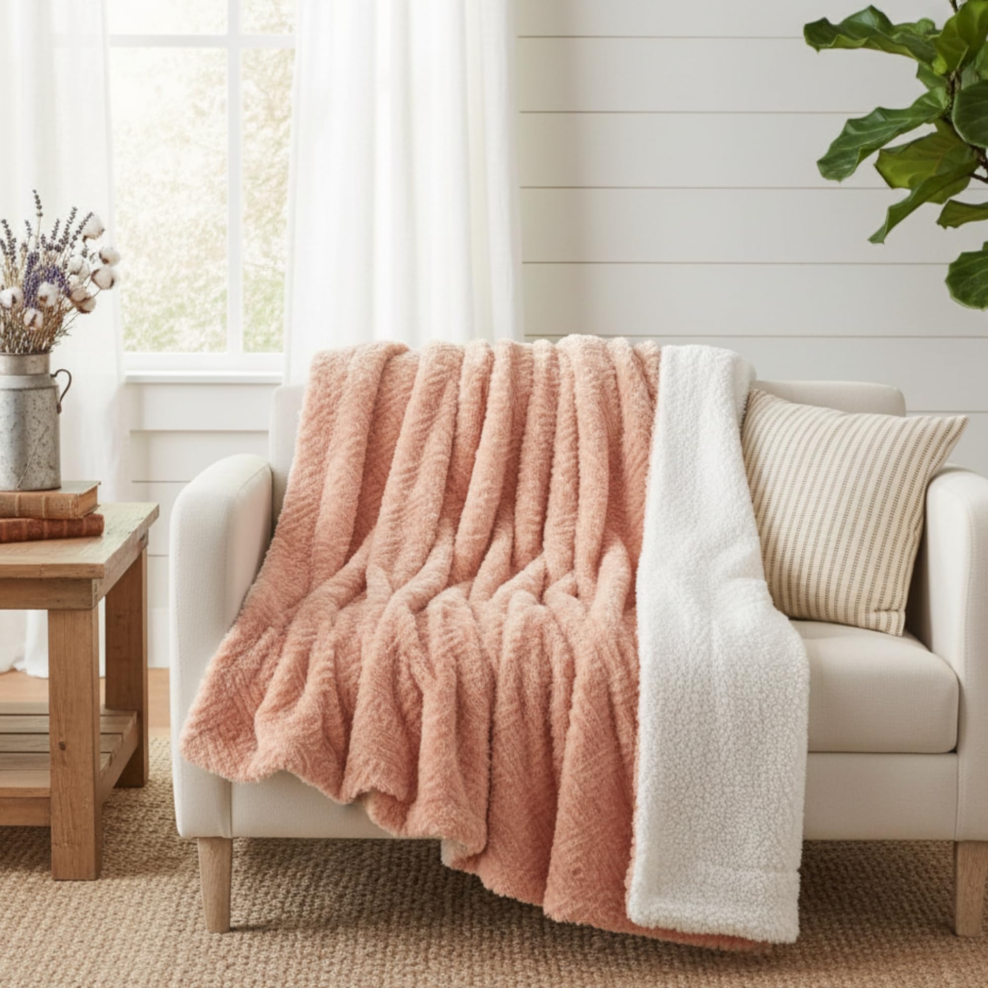 DaDa Bedding Luxury White Faux Fur Throw Blanket - Dreamy Milky Way Cloud Purple Undertone Embossed Sherpa Backside - Super Soft Warm Cozy Plush Fluffy - 50" x 60"