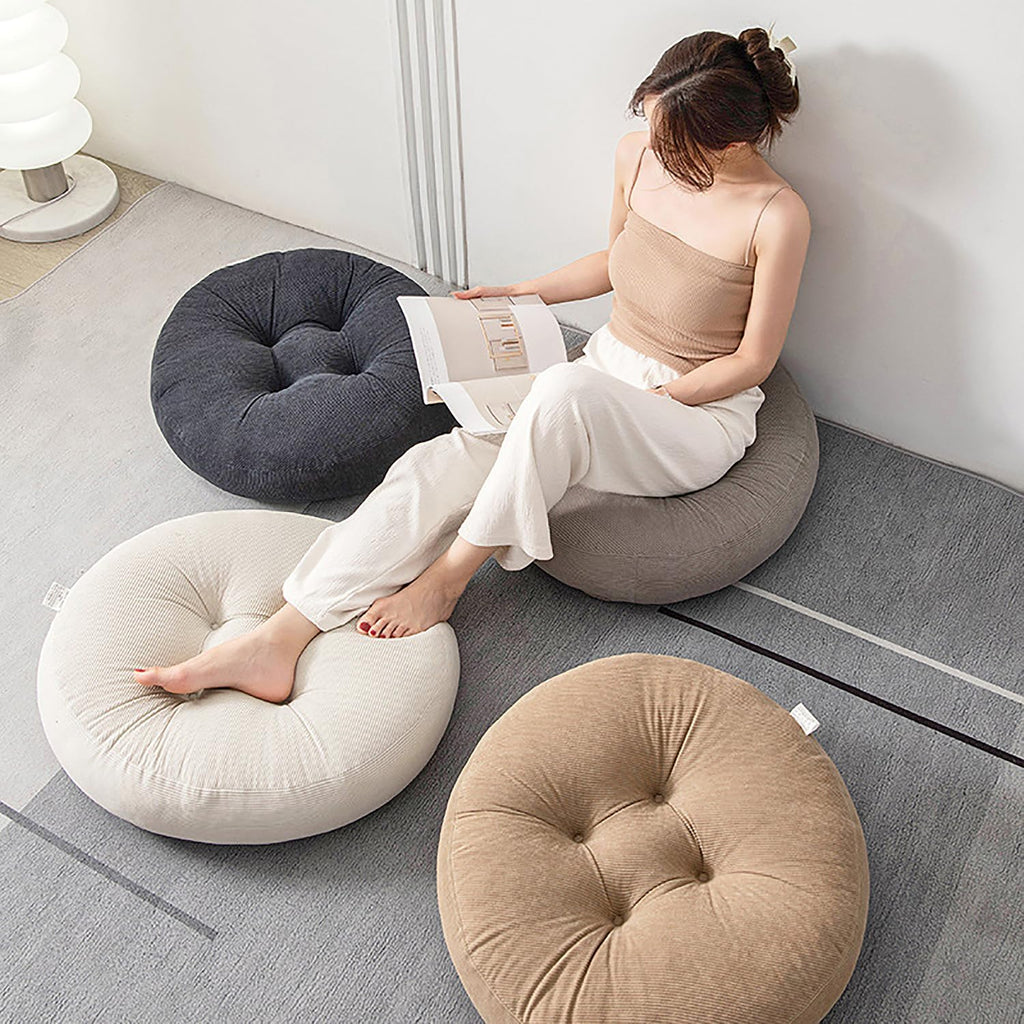 Off-White Round Corduroy Floor Pillow 18", Warm Thick Seat Cushion for Home