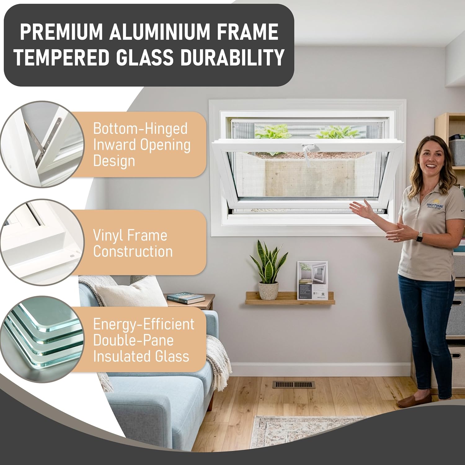 Vinyl Hopper Basement Window, 36" x 24" Sliding Bathroom Window with Double Pane Insulated Tempered Glass and Fiberglass Mesh Screen Window for Basement Bathroom Home RV Garage (White)