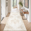 Beige 8x10ft Washable Boho Rug, Non-Slip Low Pile Carpet for Home & Office