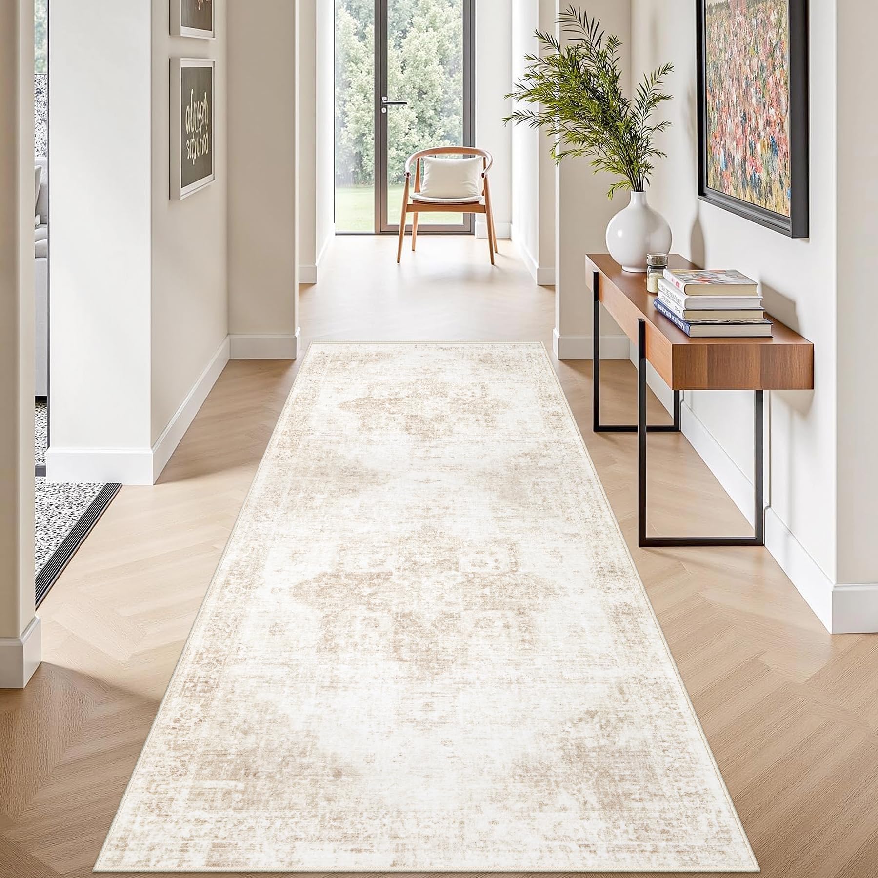 Beige 8x10ft Washable Boho Rug, Non-Slip Low Pile Carpet for Home & Office