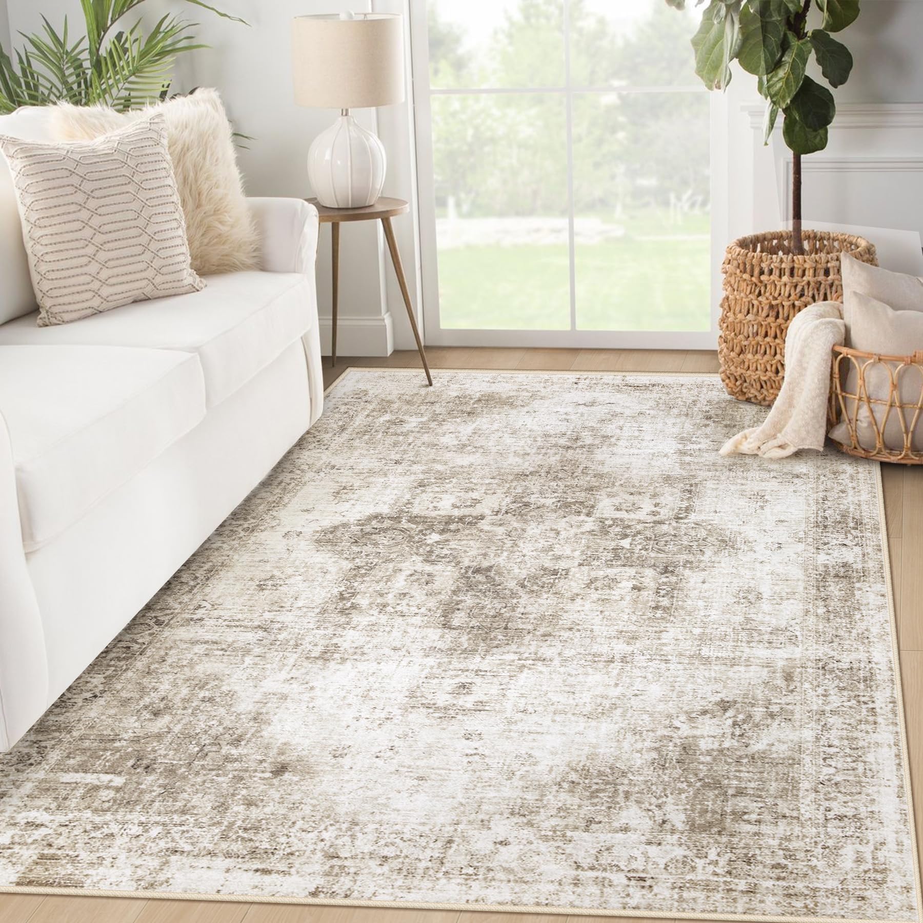 Beige 8x10ft Washable Boho Rug, Non-Slip Low Pile Carpet for Home & Office