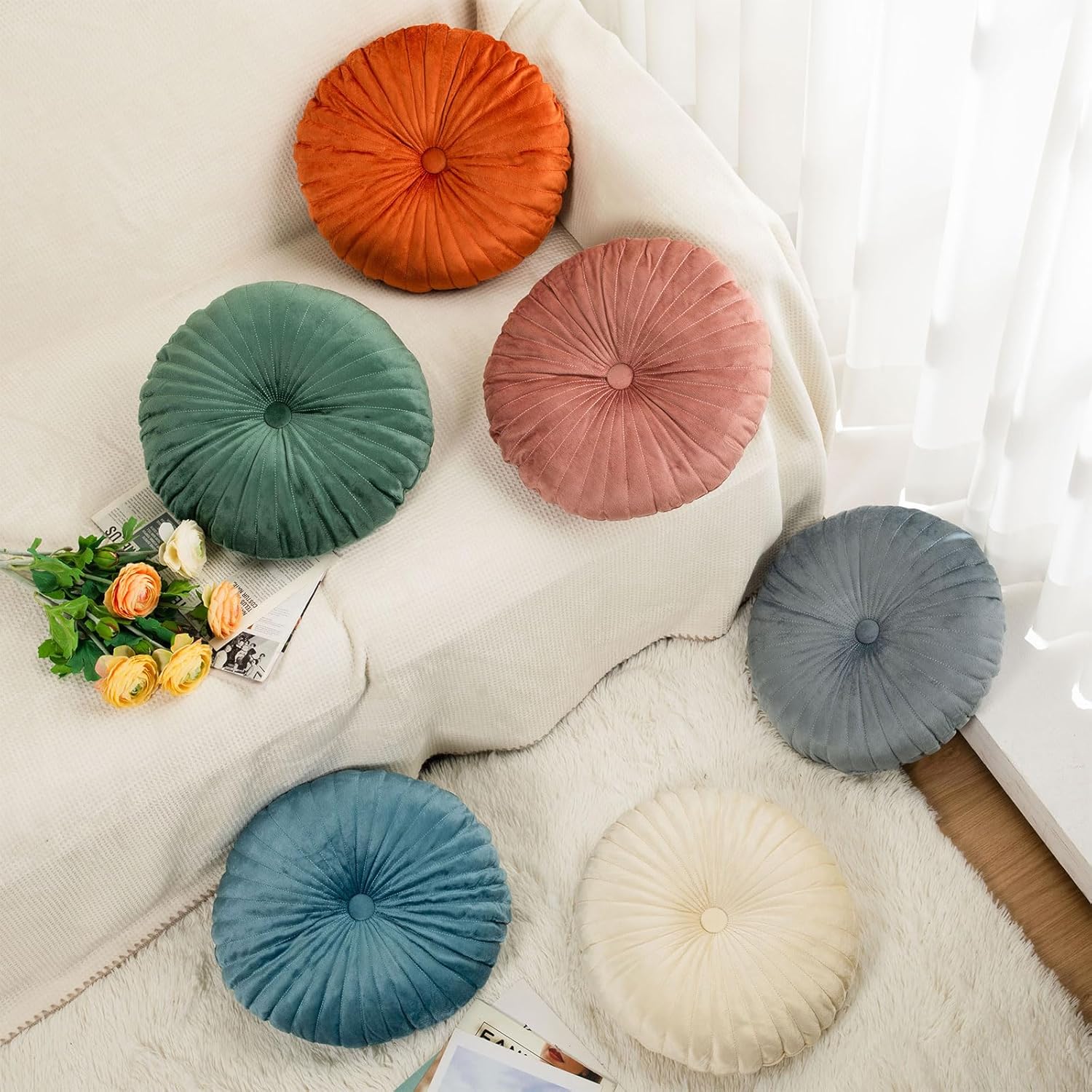 WovWeave 6 Pcs 13.8 Inch Round Velvet Floor Cushions Classroom Decorative Pleated Throw Pillows Bulk Vintage Pumpkin Seating Cushions for Home Daycare Nursery Couch Sofa Yoga Meditation(Vivid Color)