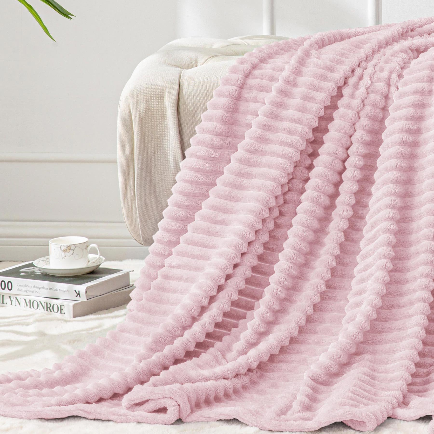 BEDELITE Fleece Throw Blanket for Couch – 3D Ribbed Jacquard Soft and Warm Decorative Fuzzy Blanket – Cozy, Fluffy, Plush Lightweight Pink Throw Blankets for Bed, Sofa, 50x60 inches