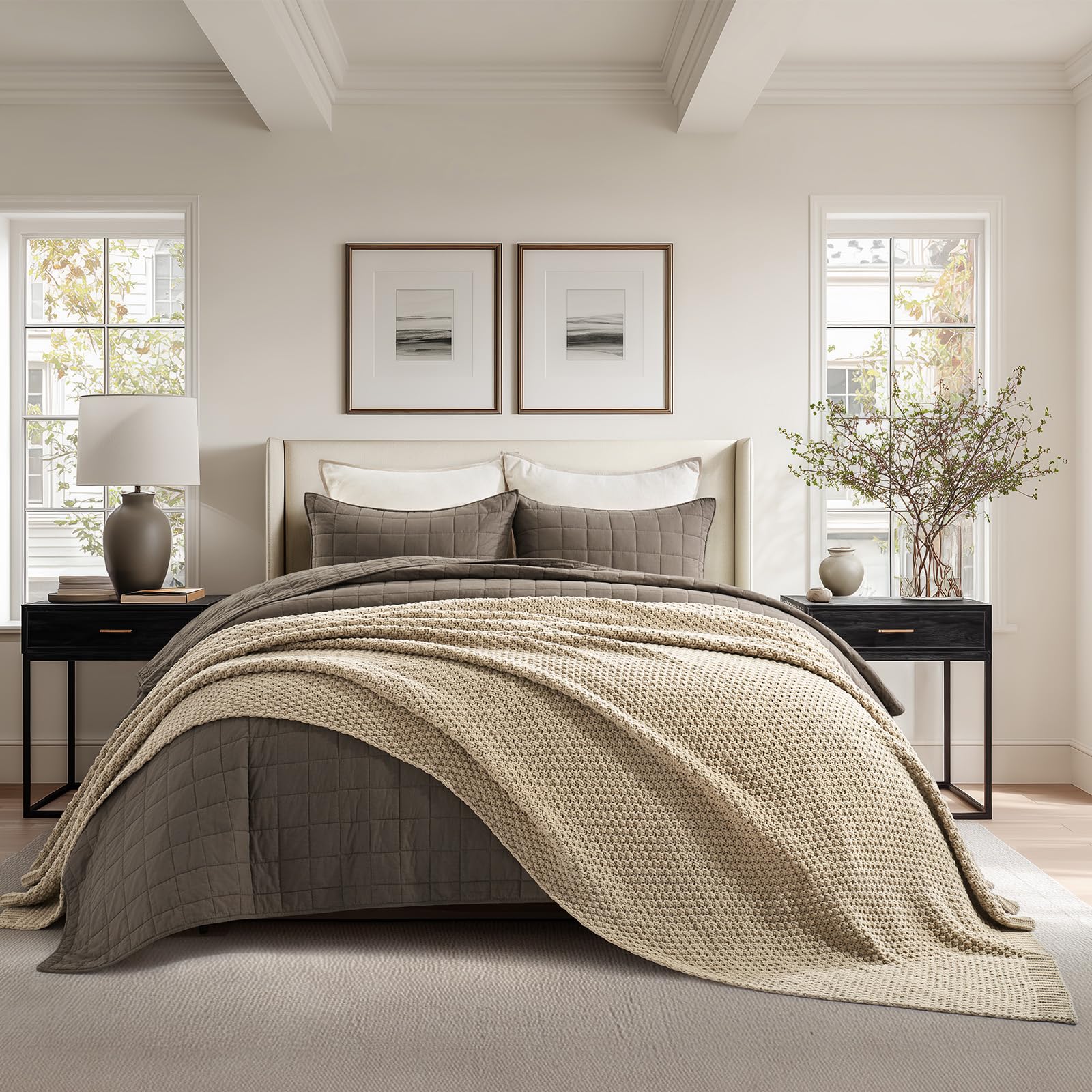 EVERGRACEHOME Modern Checkered Chenille Throw Blanket, Soft Cozy Plaid Knitted Chair Blanket for Sofa Couch, Decorative Knit Throw for Bed and Living Room, Sand Dune, 50" x 60"