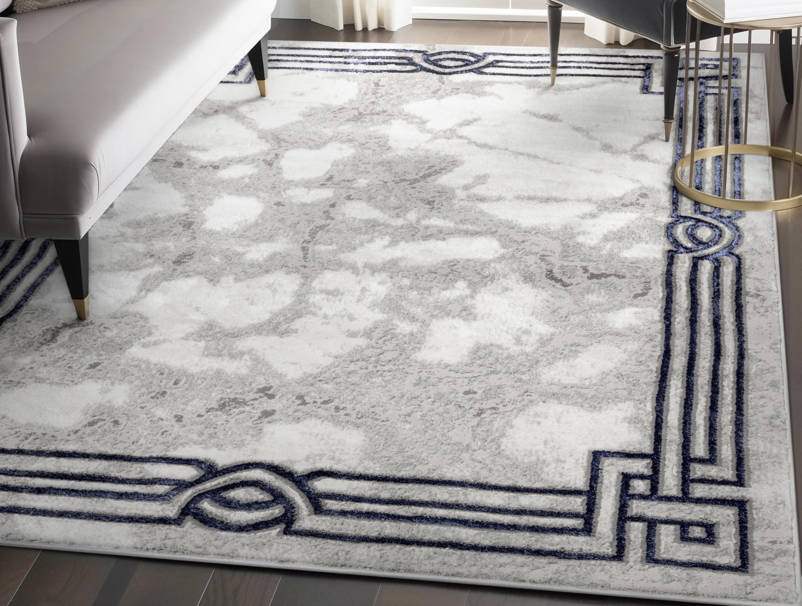 Well Woven Fairmont Collection Huntington Grey Gold & Ivory Marble Border Elegant & Soft 5x7 Area Rug Perfect for Bedroom & Living Room Durable Stain Resistant & Easy to Clean