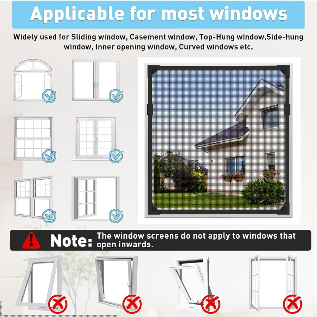Magnetic Window Screen 40x59in, Residue-Free Adhesive with Long-Lasting Hold, Black Frame Black Fiberglass Mesh, Removable DIY Adjustable Screen for Window Frames