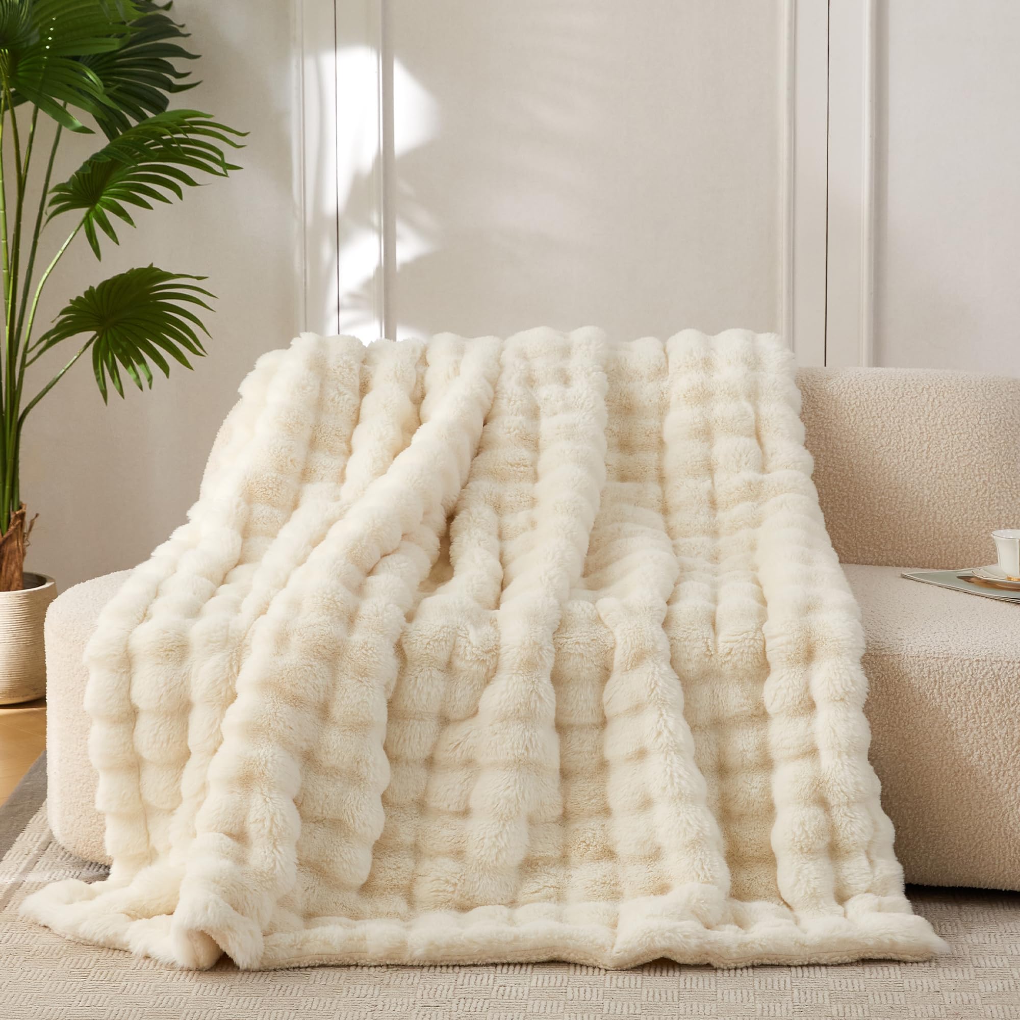 COOVA Faux Fur Throw Blanket for Couch, Cozy Soft and Fuzzy Plush Rabbit Fur Bubble Blanket for Sofa Bedroom Living Room, 60x80 Inches Tie Dye Brown