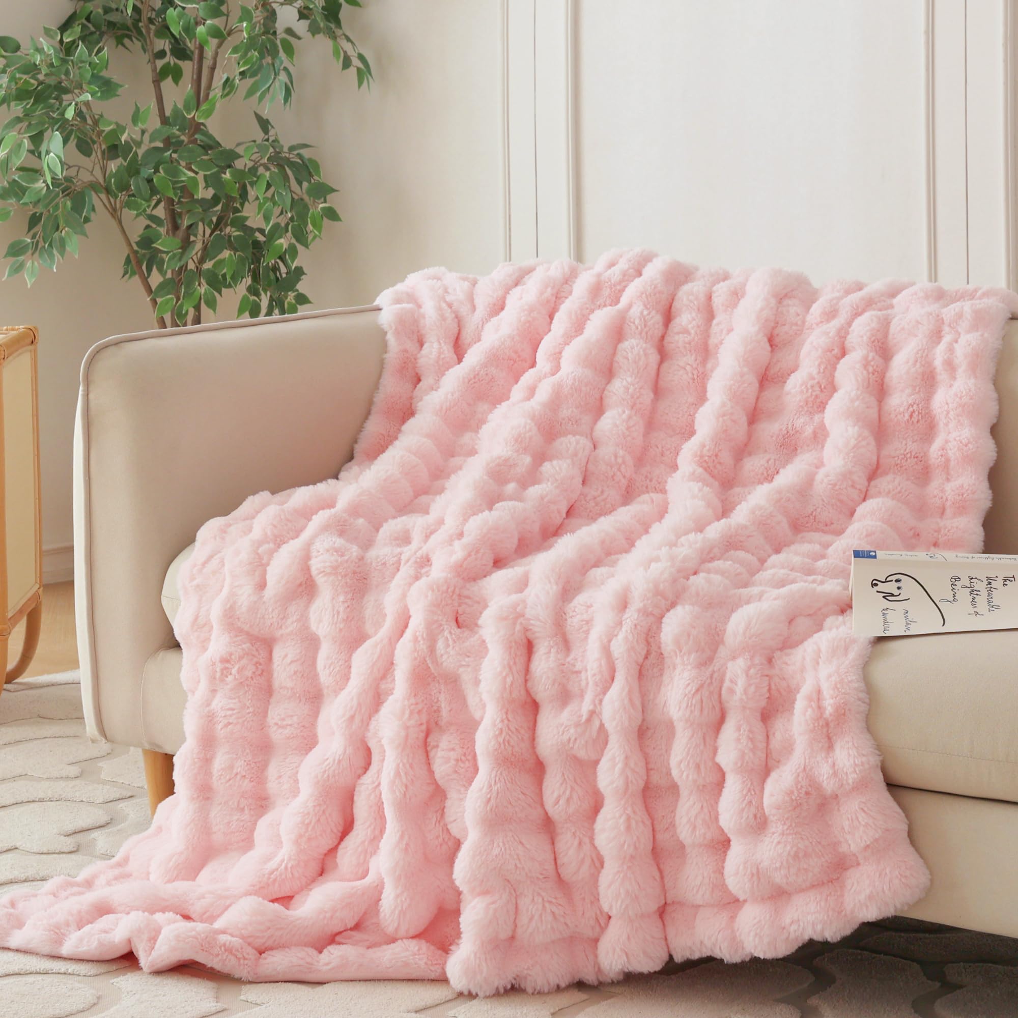 COOVA Faux Fur Throw Blanket for Couch, Cozy Soft and Fuzzy Plush Rabbit Fur Bubble Blanket for Sofa Bedroom Living Room, 60x80 Inches Tie Dye Brown