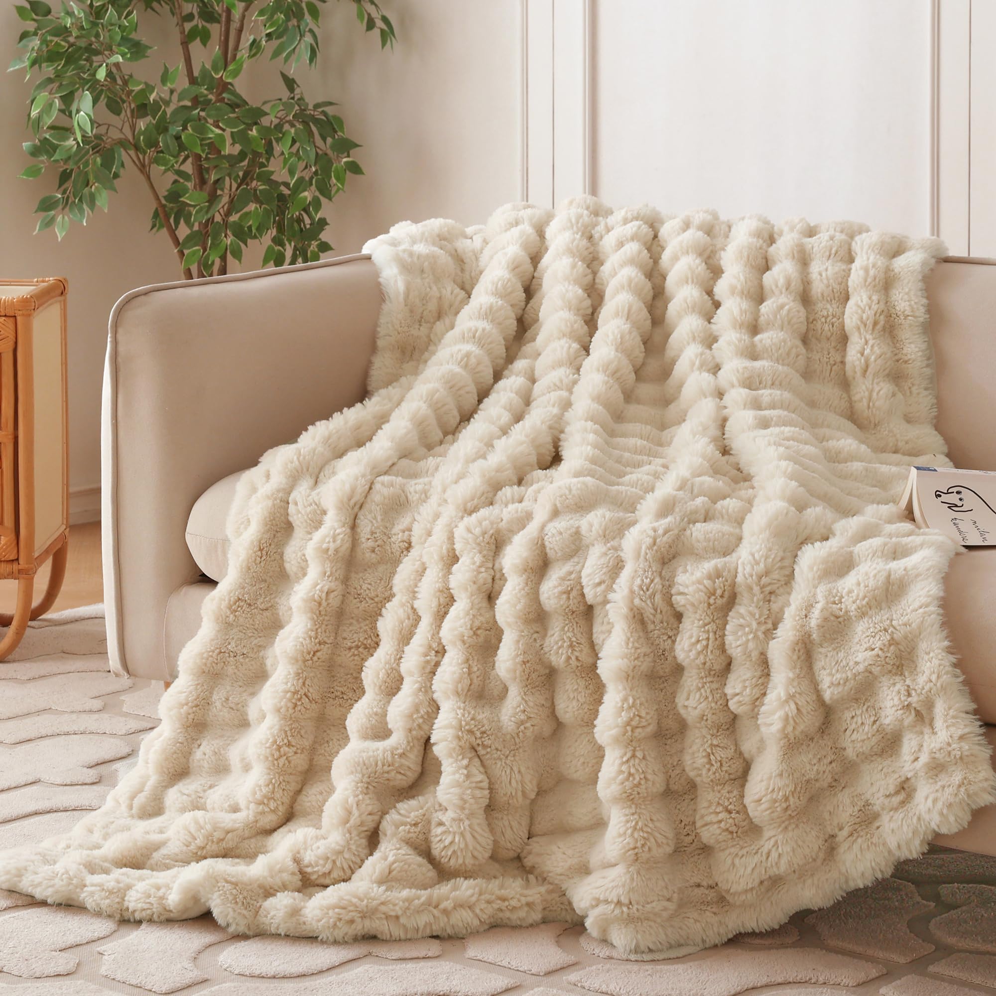 COOVA Faux Fur Throw Blanket for Couch, Cozy Soft and Fuzzy Plush Rabbit Fur Bubble Blanket for Sofa Bedroom Living Room, 60x80 Inches Tie Dye Brown