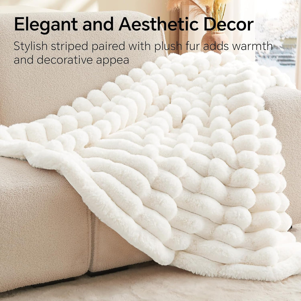 Cream 50x60" Faux Fur Blanket, Soft Fluffy Plush Throw for Couch & Gift