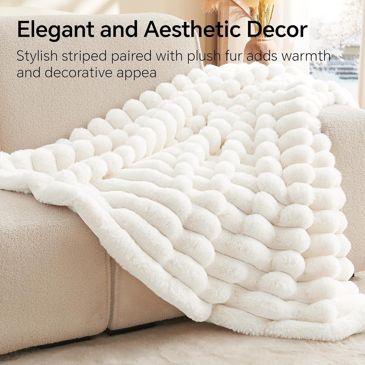 Cream 50x60" Faux Fur Blanket, Soft Fluffy Plush Throw for Couch & Gift